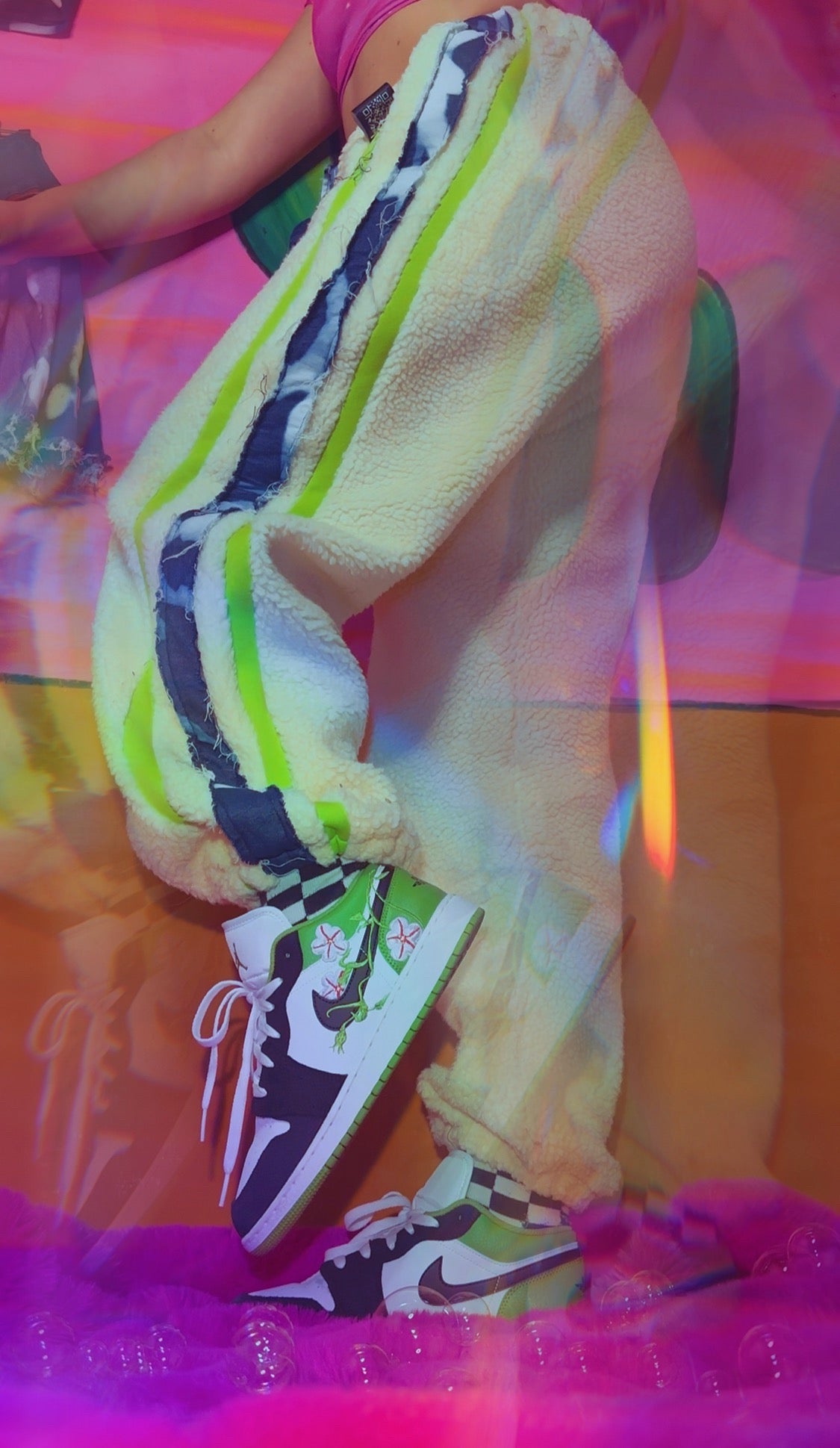 Cream Sherpa X Distressed Denim 3-Stripe Tracksuit Bottoms
