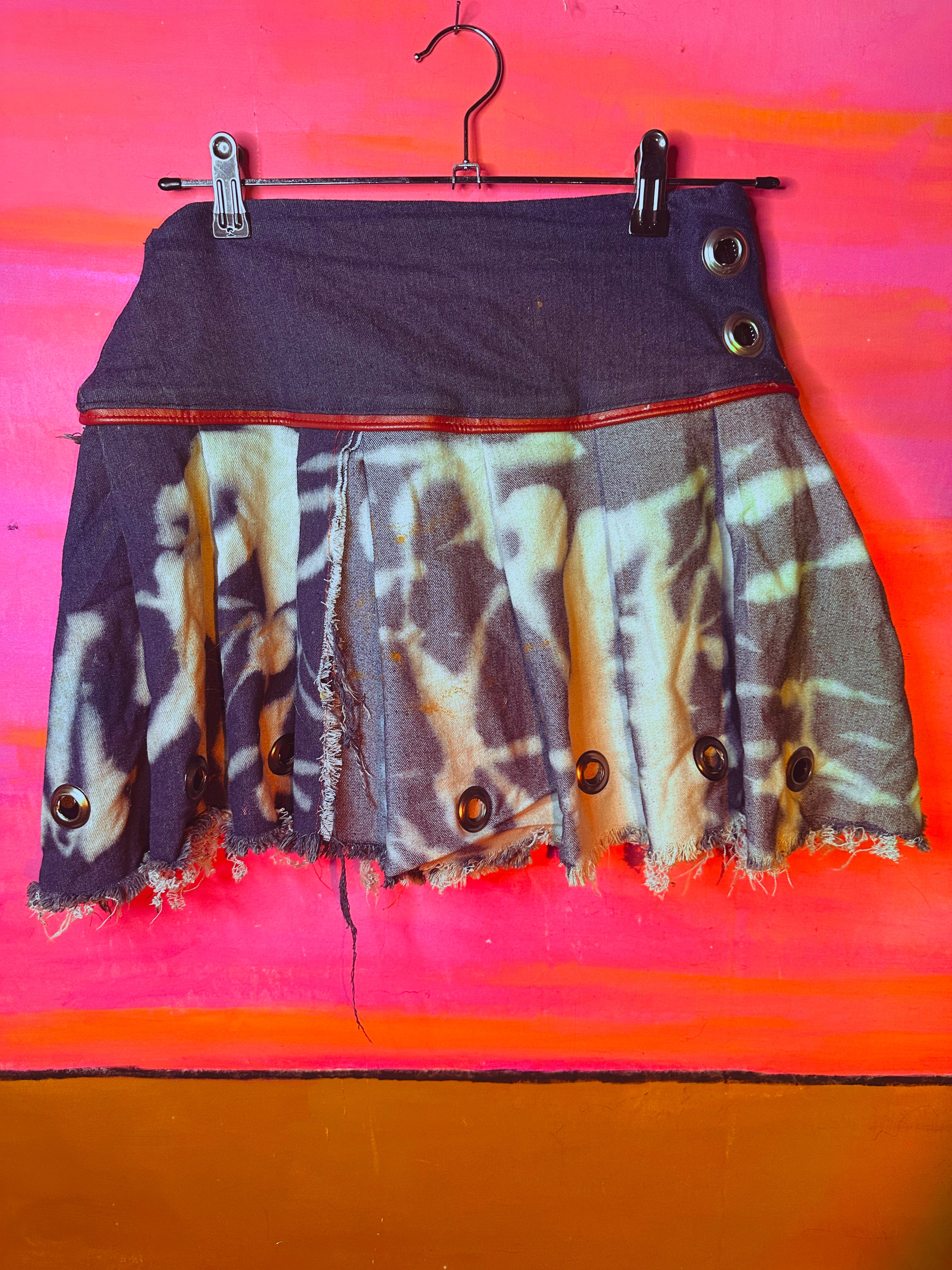 Distressed Bleach Denim Pleated Mini Skirt