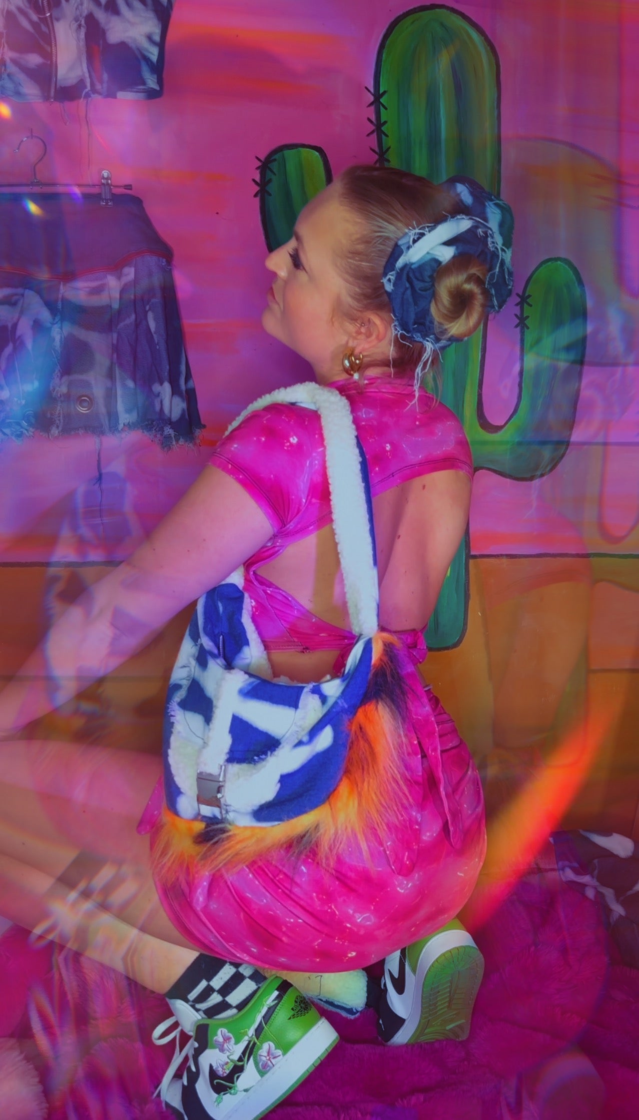 Toxic Pink Open-Back- Bow Bubble Crop Top