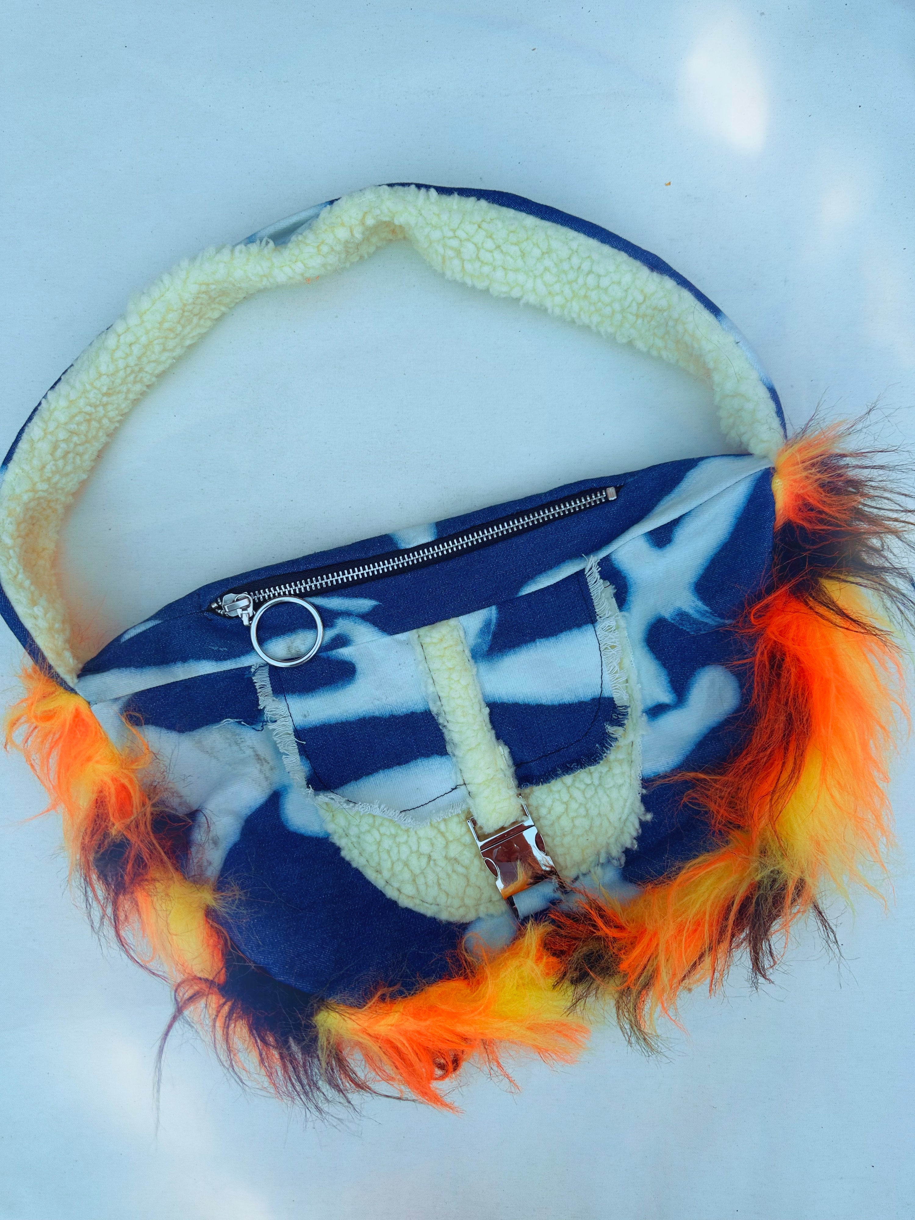 Distressed Denim X Sherpa X Fire Faux Fur Handbag