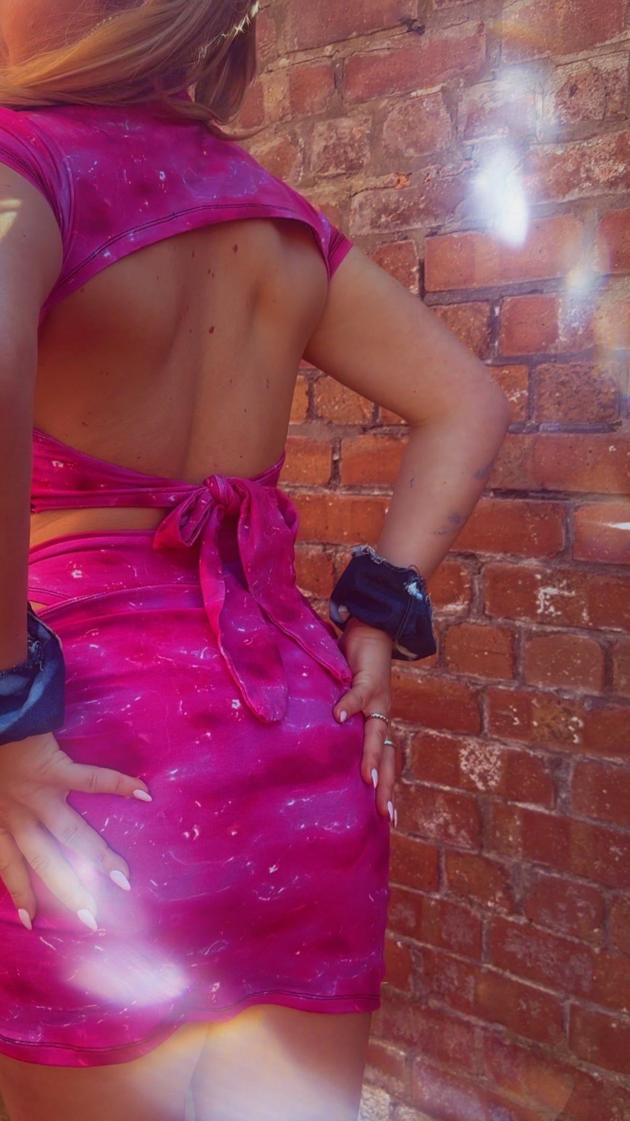 Toxic Pink Open-Back- Bow Bubble Crop Top