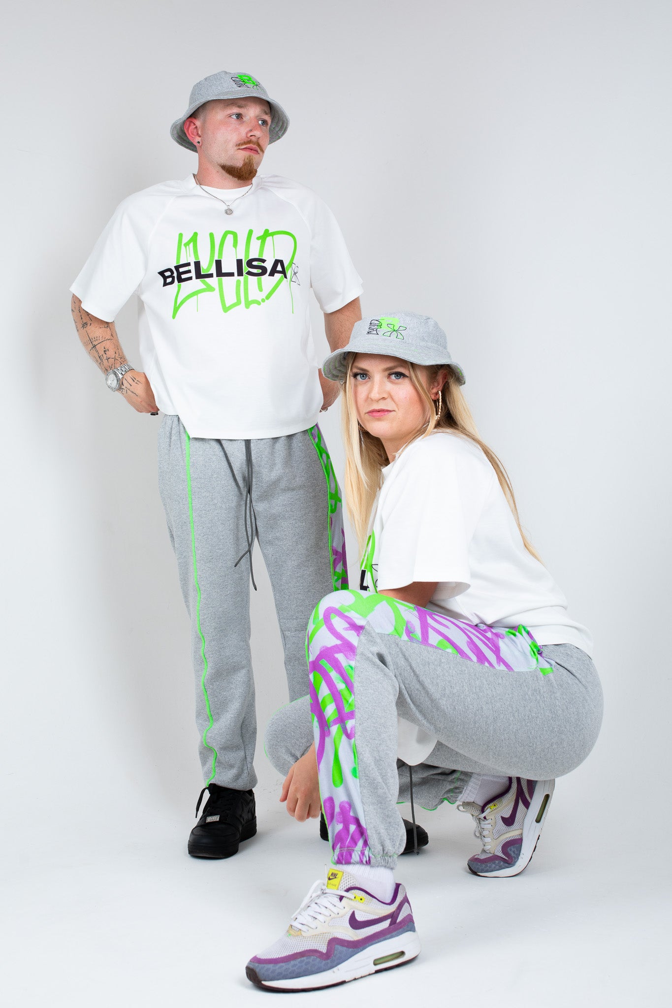 Bellisa X Lucid Independent Bristol Fashion Brand Summer Streetwear Style Festival Look Graffiti X Neon green contrast stitch grey joggers and matching Bucket Hat 2-Piece