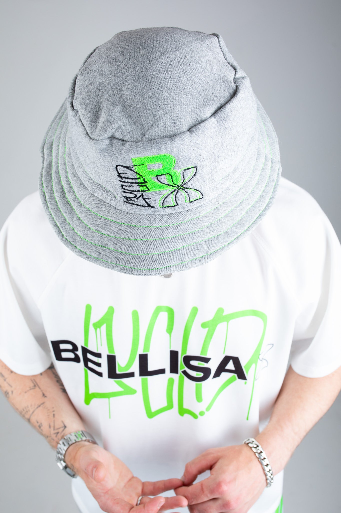 Bellisa X Lucid Grey Bucket Hat with Contrast Neon Stitch Streetwear Bellisa X Clothing