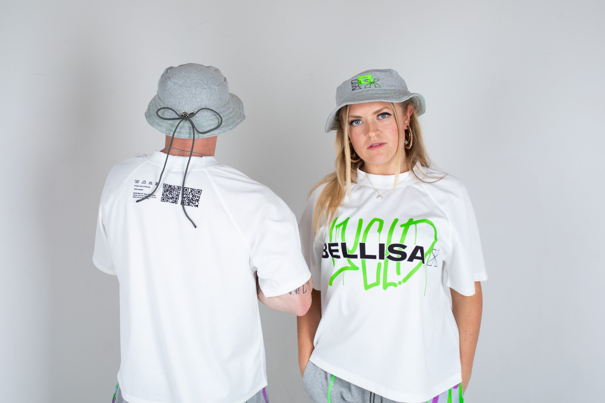 Bellisa X Lucid Independent Bristol Fashion Brand Summer Streetwear Style Festival Look Graffiti X Neon green contrast stitch grey joggers and matching Bucket Hat 2-Piece