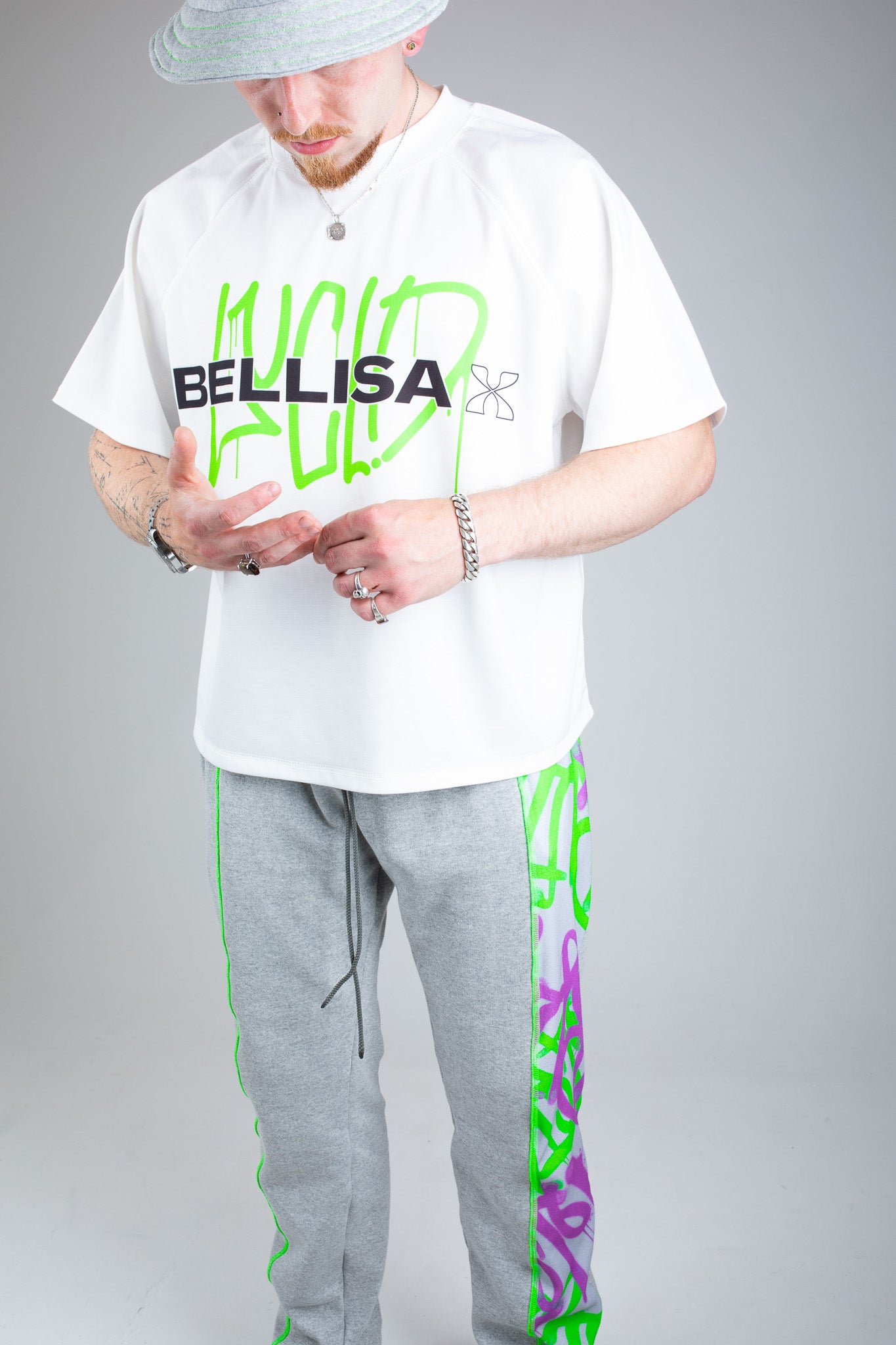 Bellisa X Lucid Independent Bristol Fashion Brand Summer Streetwear Style Festival Look Graffiti X Neon green contrast stitch grey joggers and matching Bucket Hat 2-Piece