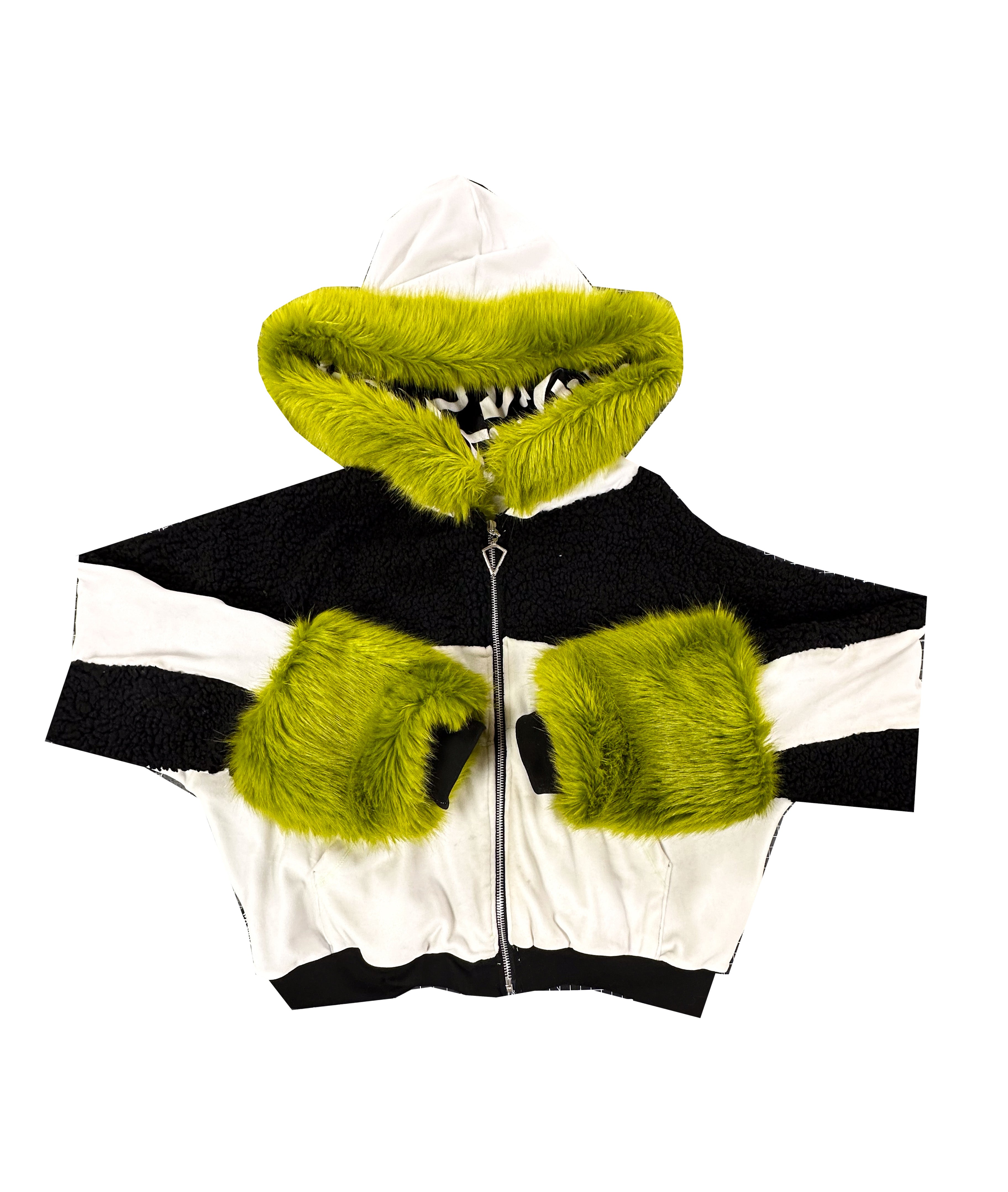 Bellisa X White and Black Velour Cropped Hoodie with Lime Green Faux Fur Cuffs and Hood. Unique summer fashion hoodie