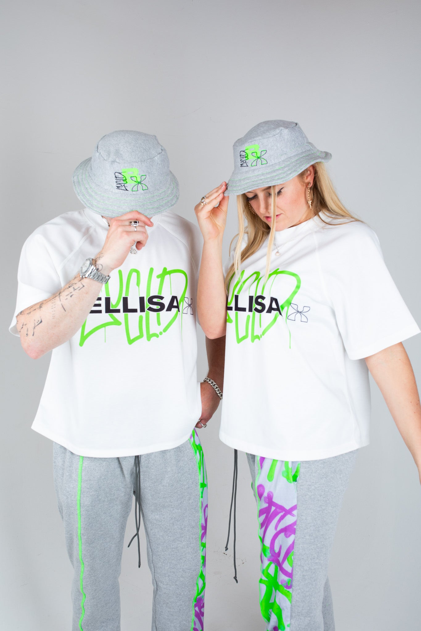 Bellisa X Lucid Independent Bristol Fashion Brand Summer Streetwear Style Festival Look Graffiti X Neon green contrast stitch grey joggers and matching Bucket Hat 2-Piece