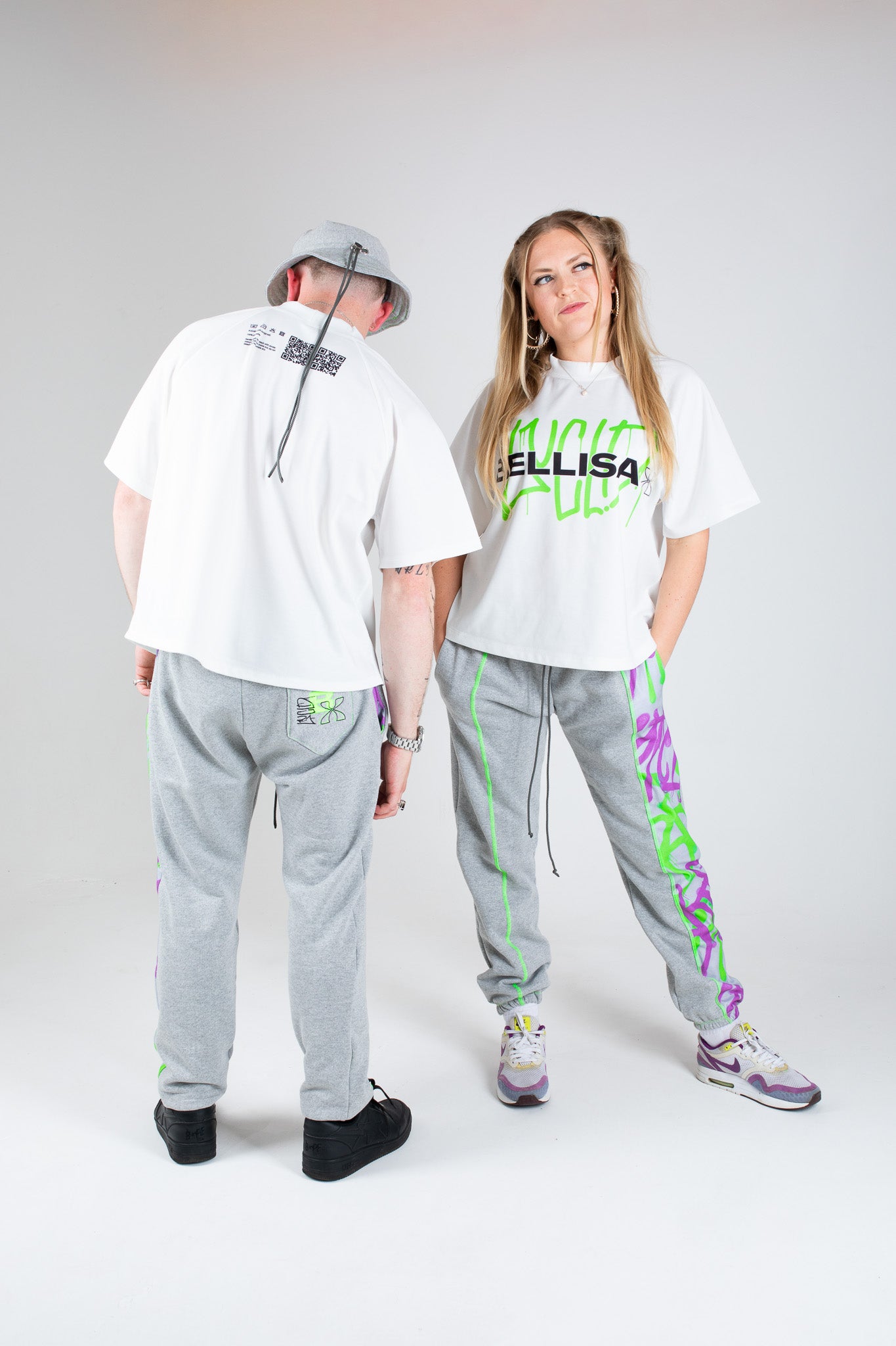 Bellisa X Lucid Independent Bristol Fashion Brand Summer Streetwear Style Festival Look Graffiti X Neon green contrast stitch grey joggers and matching Bucket Hat 2-Piece