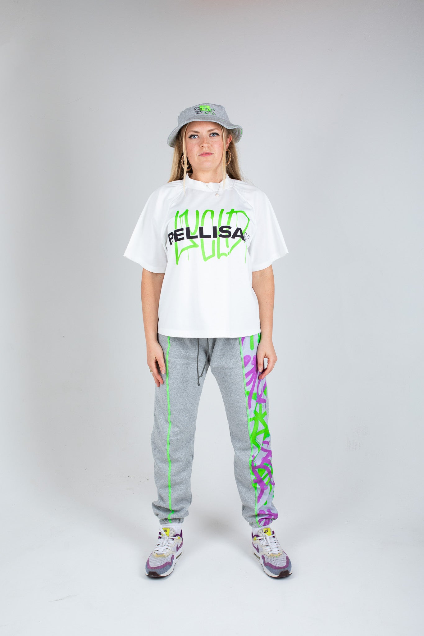 Bellisa X Lucid Independent Bristol Fashion Brand Summer Streetwear Style Festival Look Graffiti X Neon green contrast stitch grey joggers and matching Bucket Hat 2-Piece