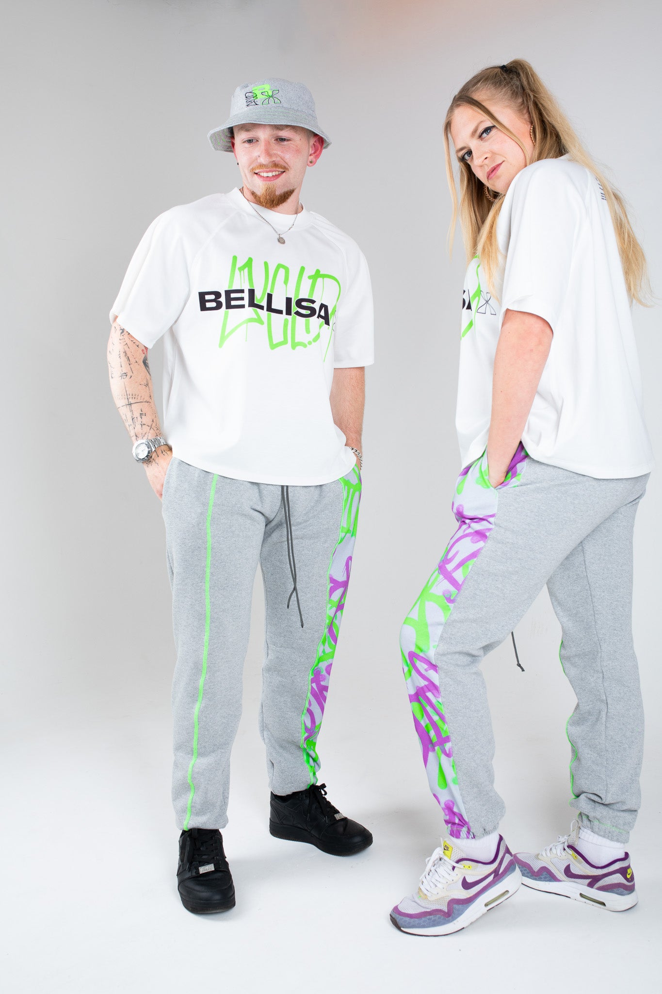 Bellisa X Lucid Independent Bristol Fashion Brand Summer Streetwear Style Festival Look Graffiti X Neon green contrast stitch grey joggers and matching Bucket Hat 2-Piece