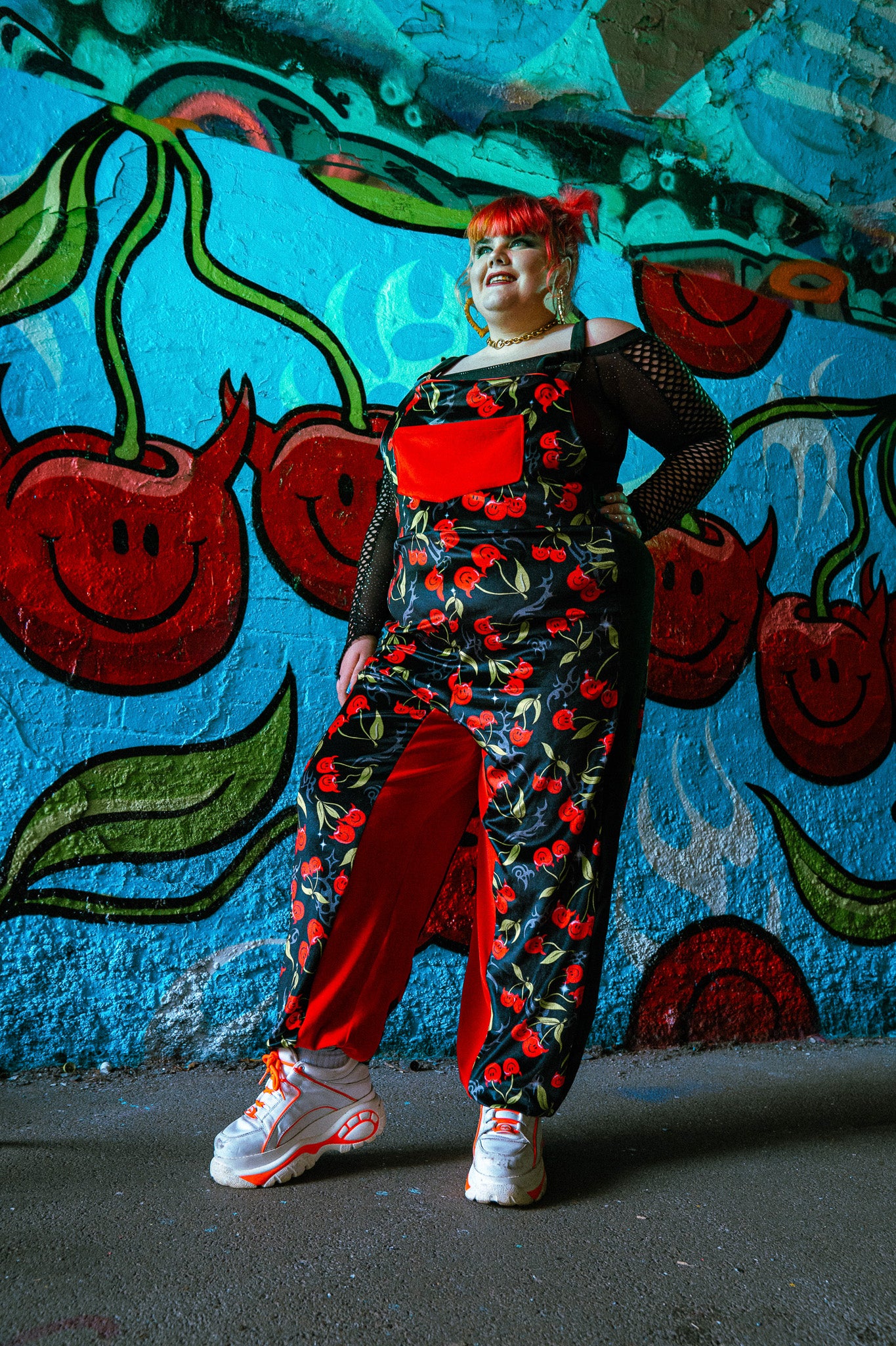 Bellisa X Hiccup cherry print velvet velour dungarees. For everyday wear, punk looks, festival wear. Unique handmade sustainably in the uk 