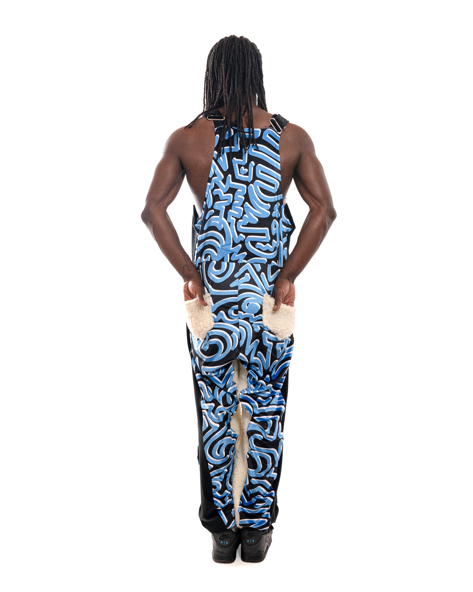 Bellisa X Holly mingo Abstract Print Velour and Faux Sherpa Statement Dungarees Funky Festival Performance Dancing Back