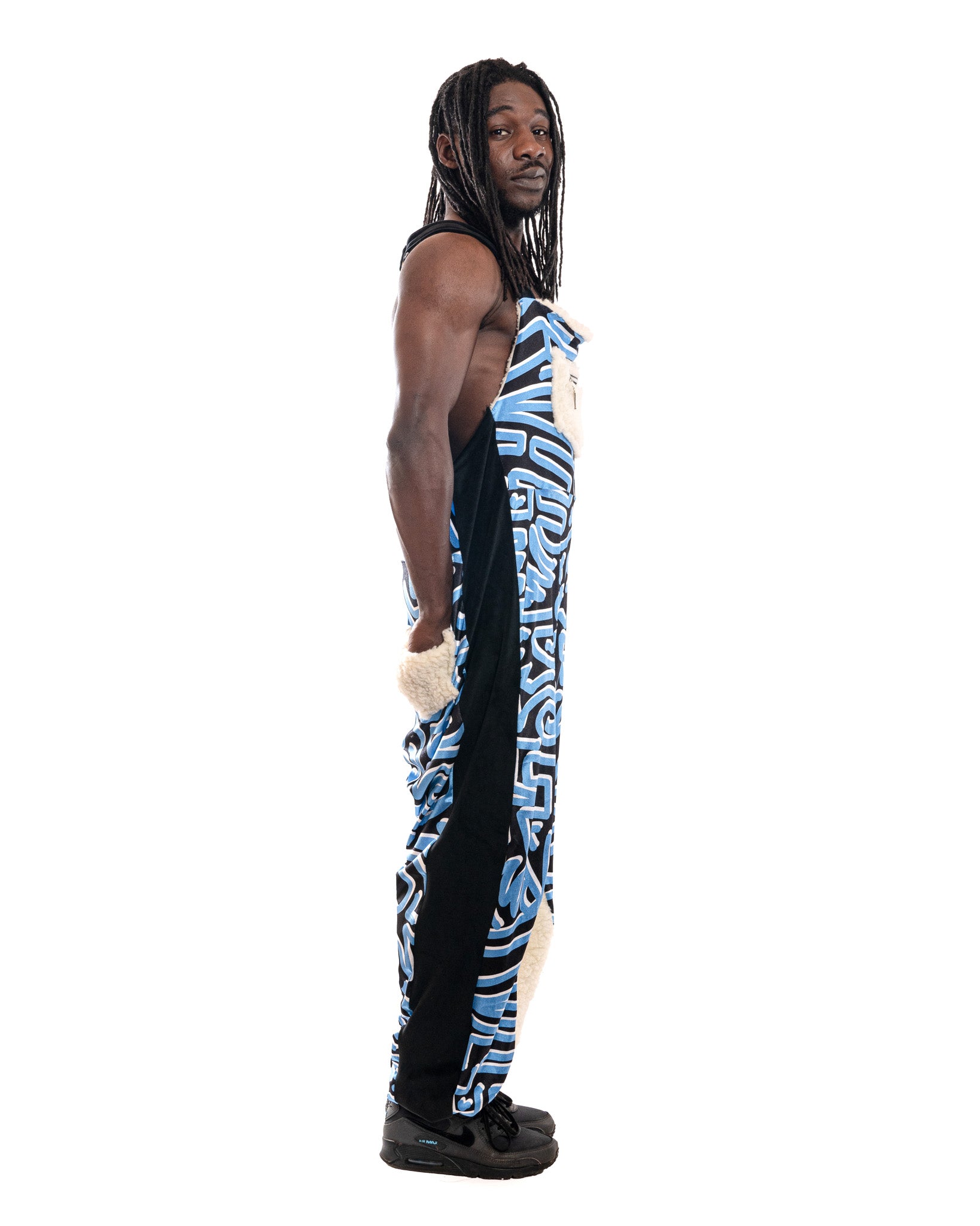 Bellisa X Holly mingo Abstract Print Velour and Faux Sherpa Statement Dungarees Funky Festival Performance Dancing Side