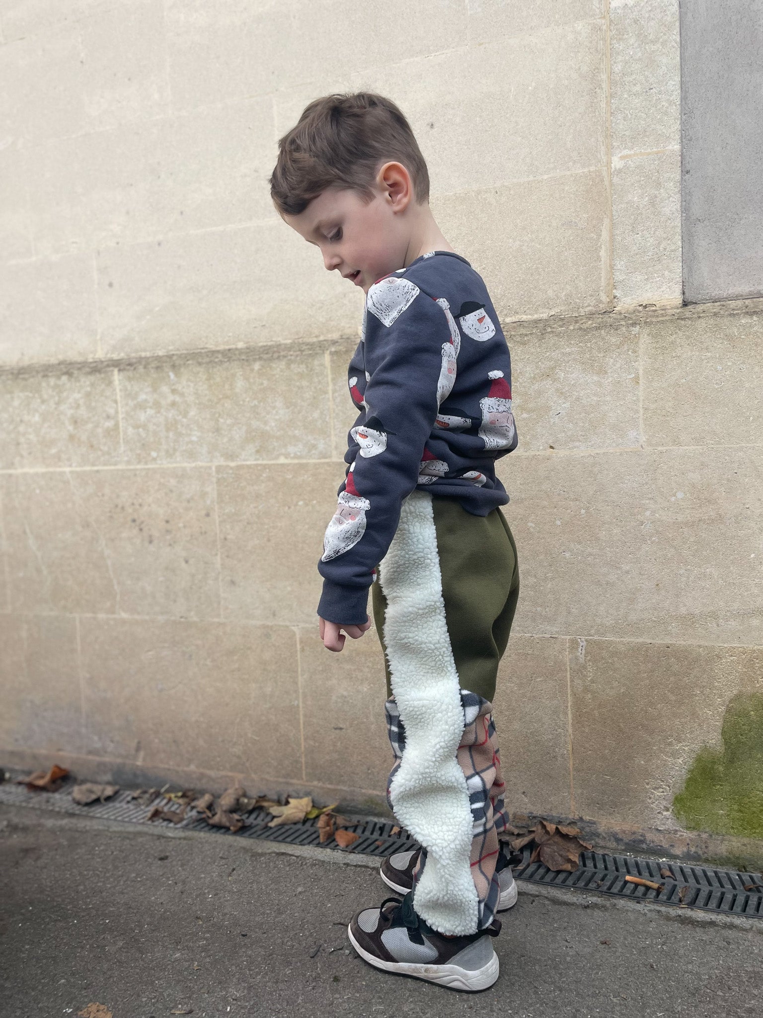 Khaki Sweatshirt and Tartan Fleece Kids Tracksuit Bottoms