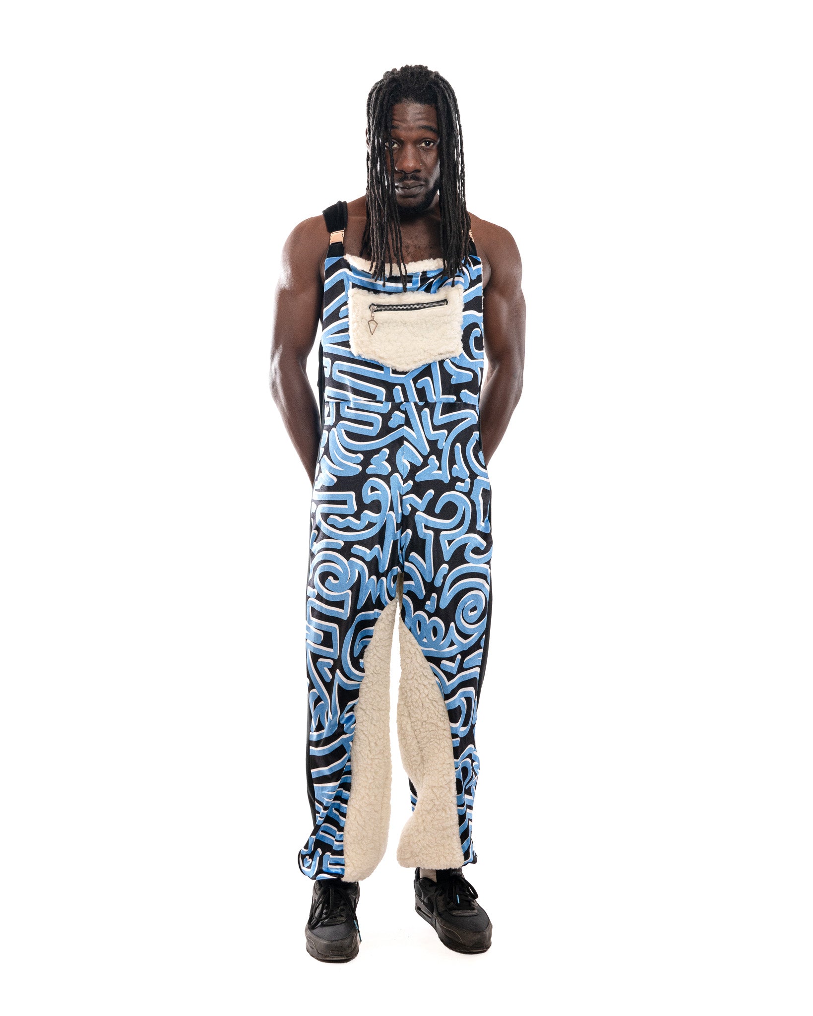 Bellisa X Holly mingo Abstract Print Velour and Faux Sherpa Statement Dungarees Funky Festival Performance Dancing