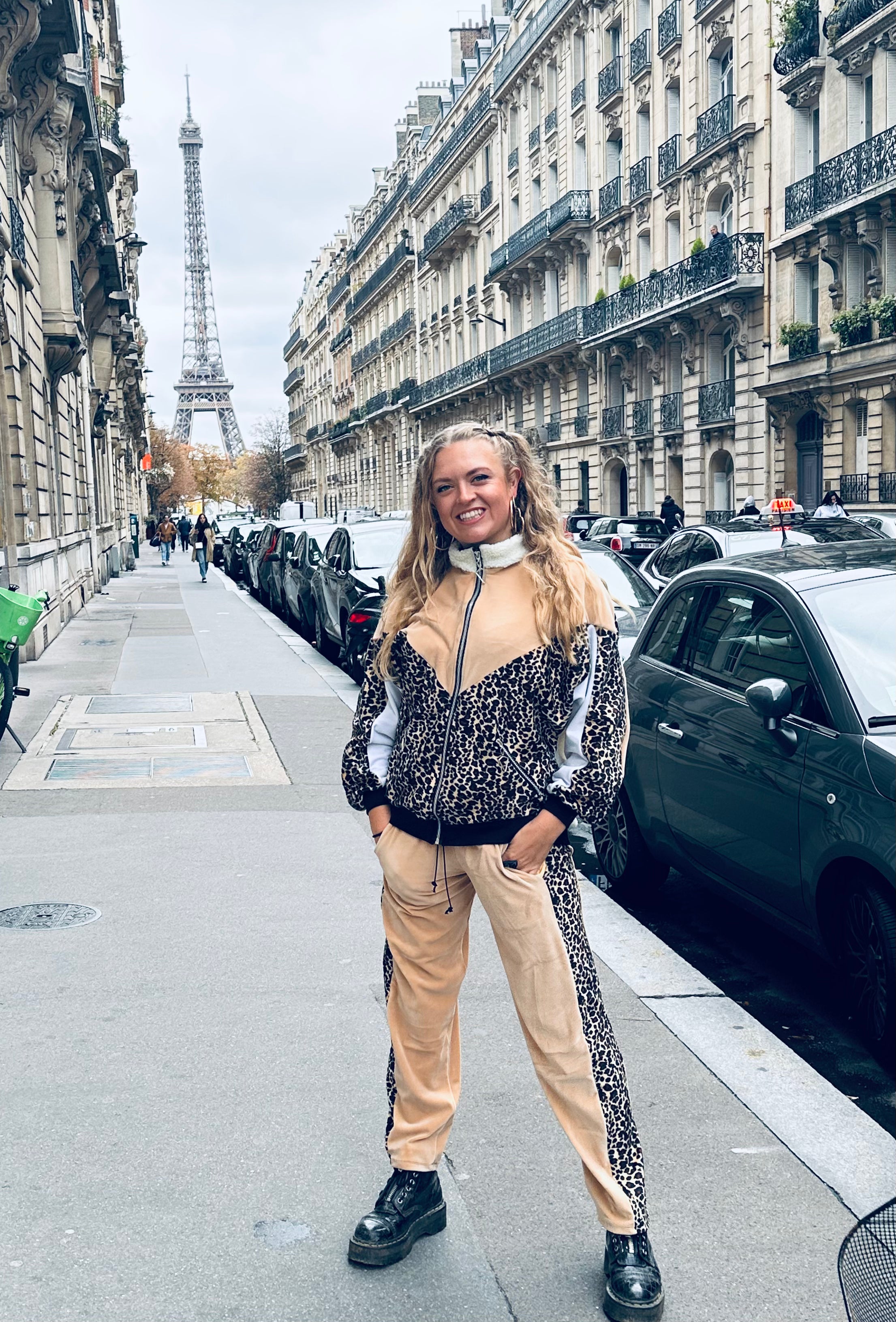 Caramel and leopard print velour tracksuit bottoms joggers from Bellisa X Clothing. Handmade sustainably in Bristol, UK
