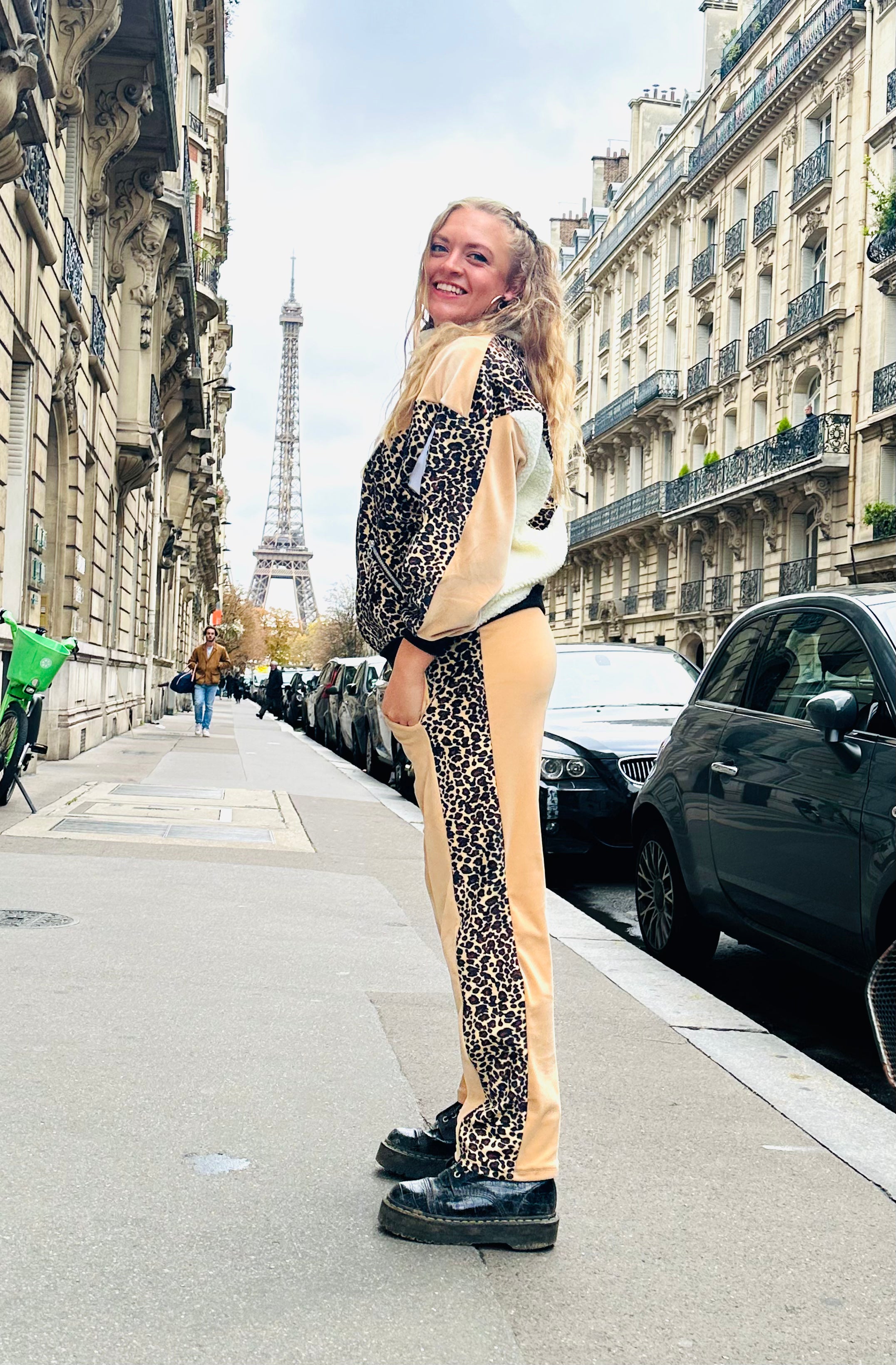 Caramel and leopard print velour tracksuit bottoms joggers from Bellisa X Clothing. Handmade sustainably in Bristol, UK