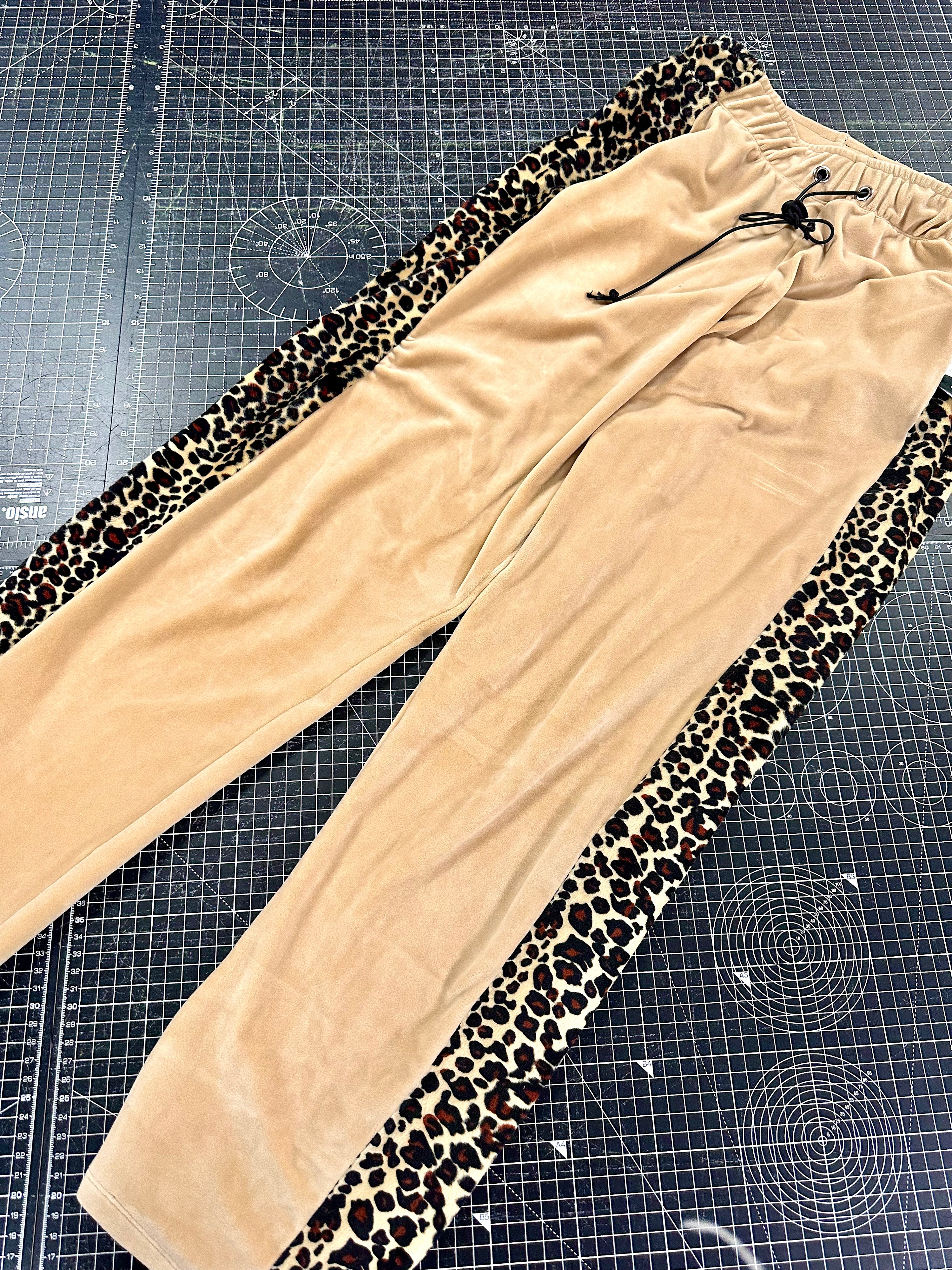 Caramel and leopard print velour tracksuit bottoms joggers from Bellisa X Clothing. Handmade sustainably in Bristol, UK