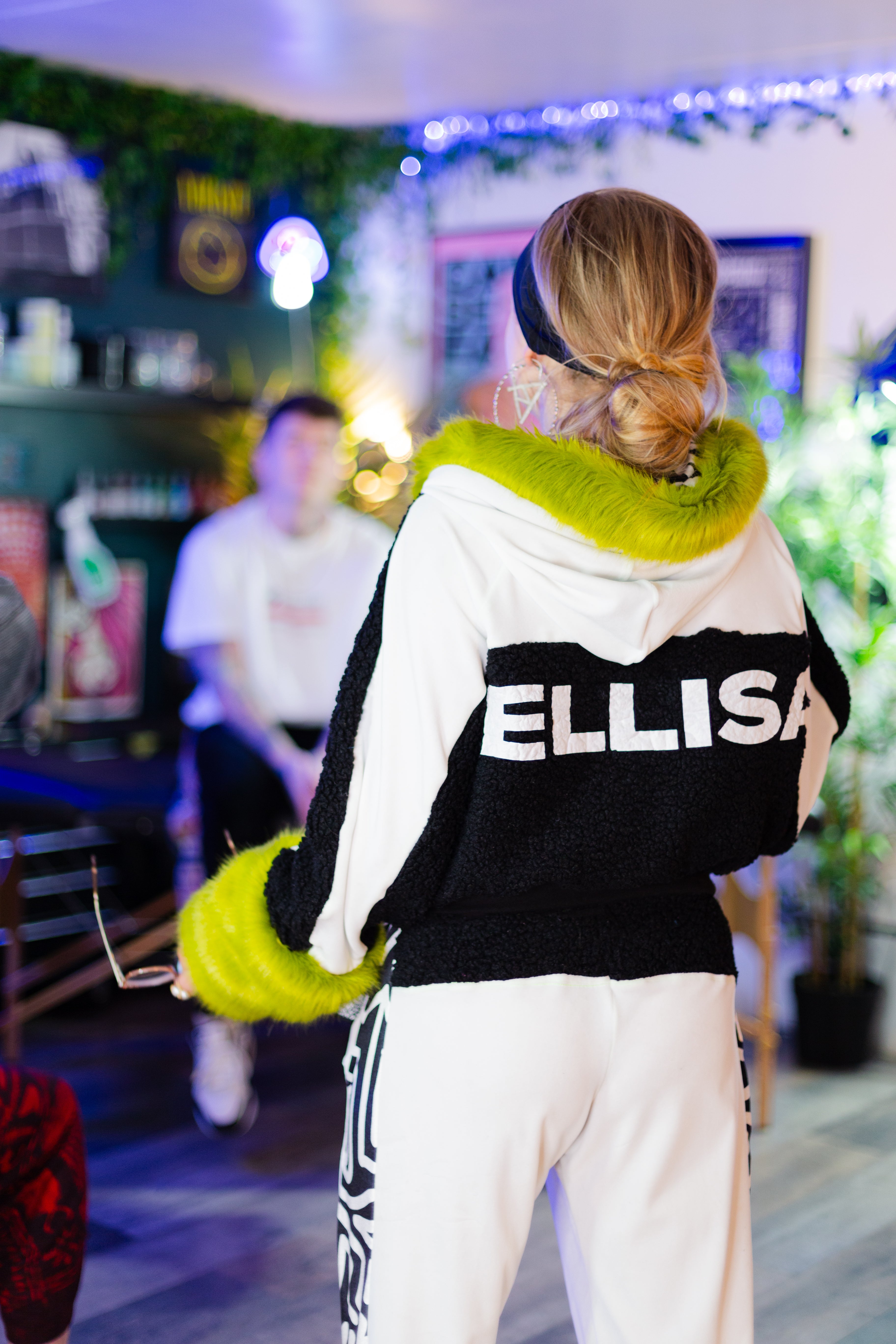 Bellisa X White and Black Velour Cropped Hoodie with Lime Green Faux Fur Cuffs and Hood. Unique summer fashion hoodie  monogram logo detail