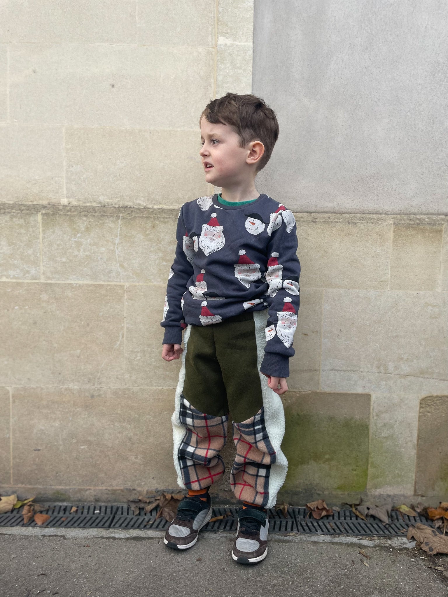Khaki Sweatshirt and Tartan Fleece Kids Tracksuit Bottoms