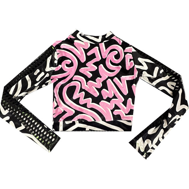 SAMPLE (XS) Pink Abstract Velvet Fishnet Reversible Crop Top