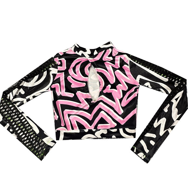 SAMPLE (XS) Pink Abstract Velvet Fishnet Reversible Crop Top