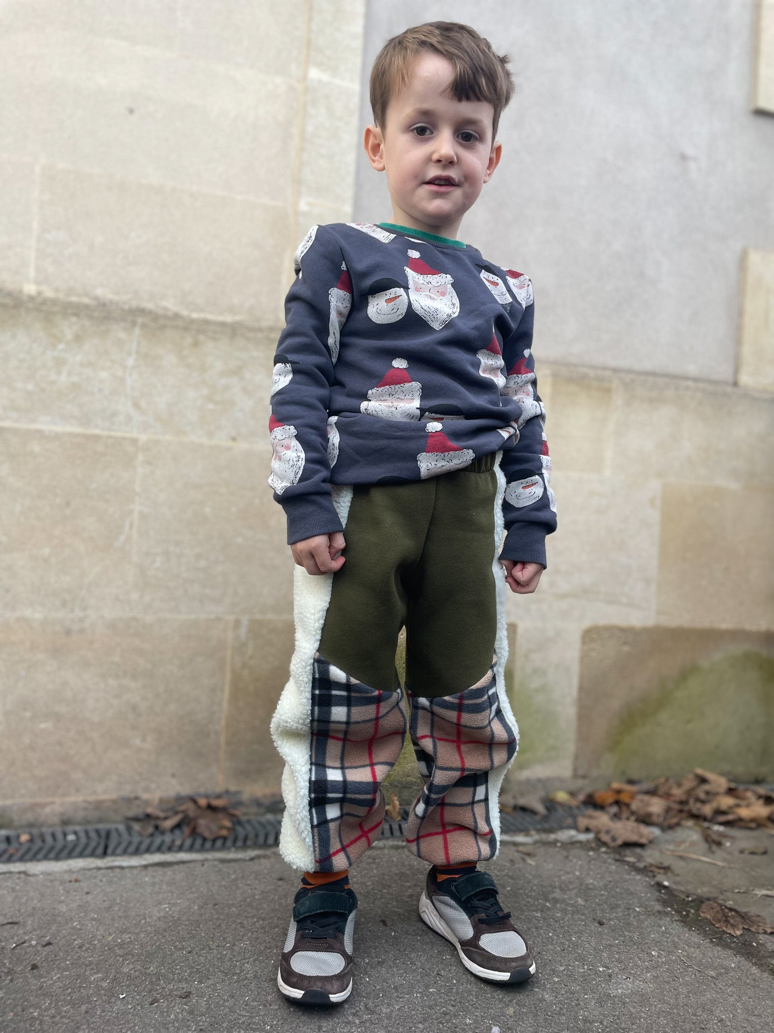 Khaki Sweatshirt and Tartan Fleece Kids Tracksuit Bottoms