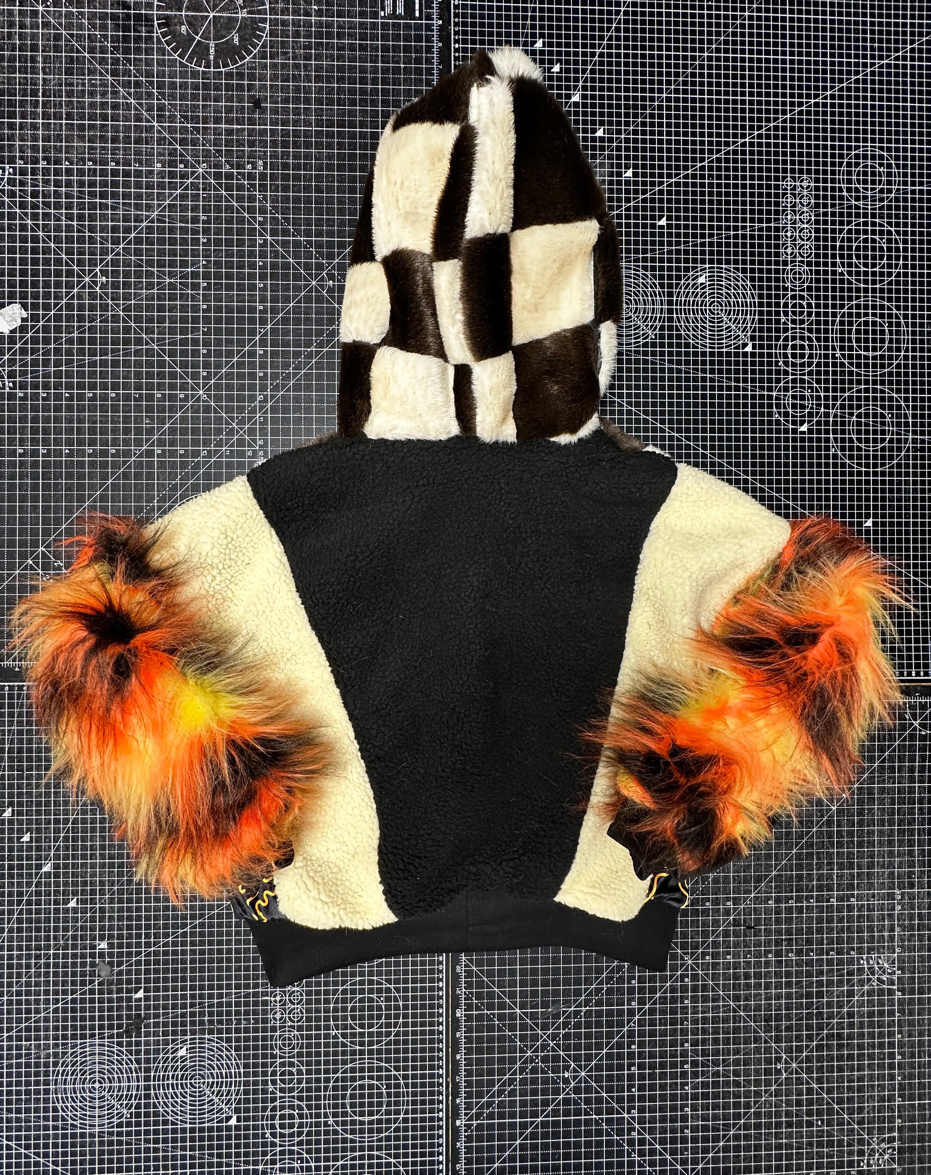 Chequered X Orange Fire Faux Fur Jacket  (L/XL)