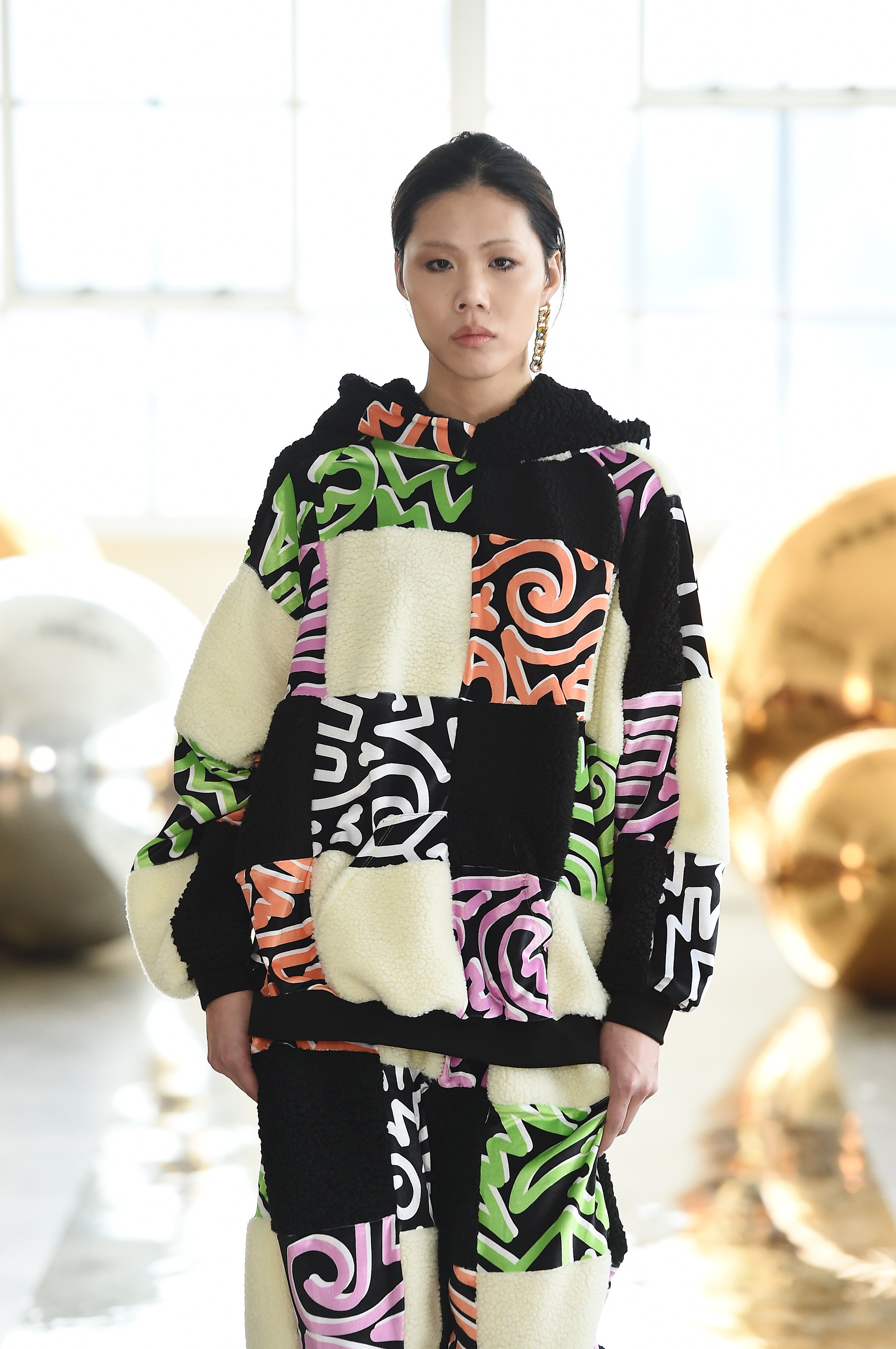 Sherpa Fleece X Abstract Velvet Patchwork Hoodie: NYFW 24