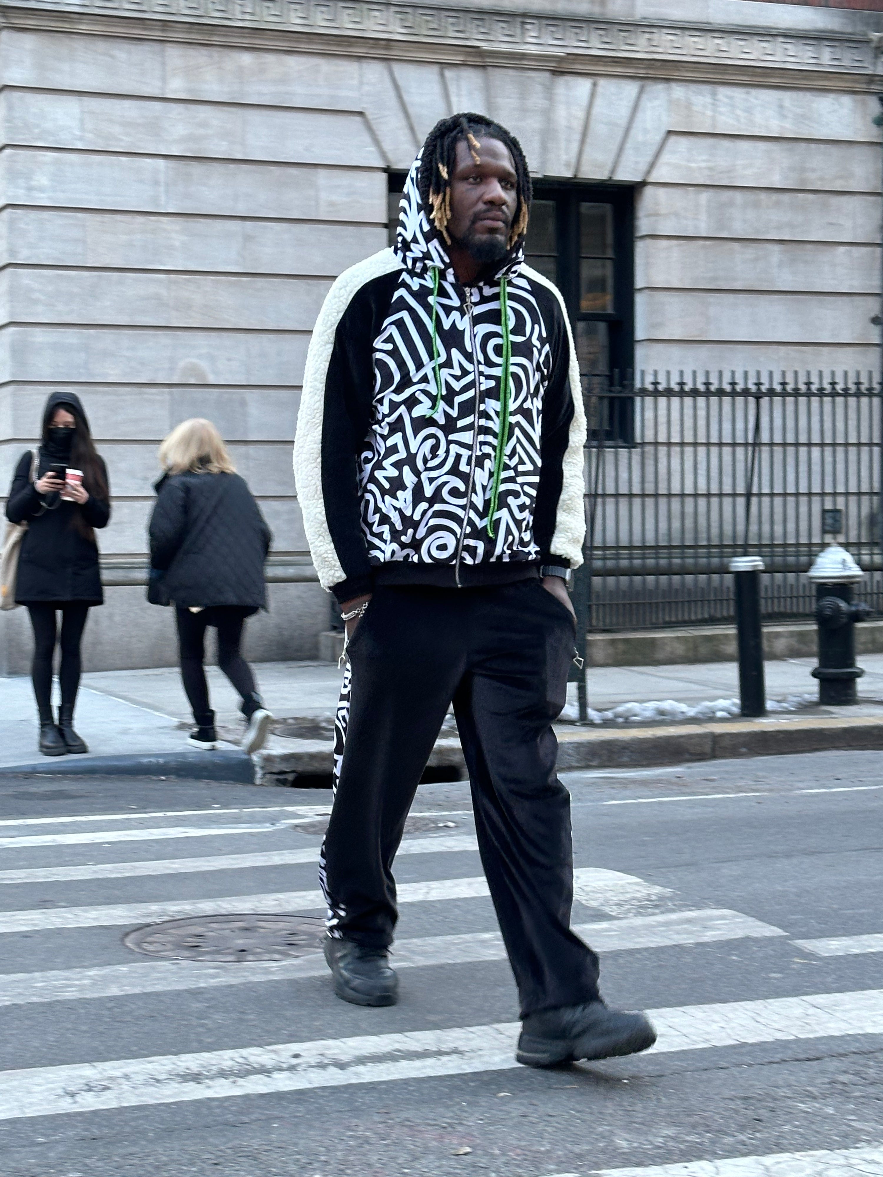 Cream Sherpa Fleece X Monochrome Abstract Print Zip Up Hoodie: NYFW24