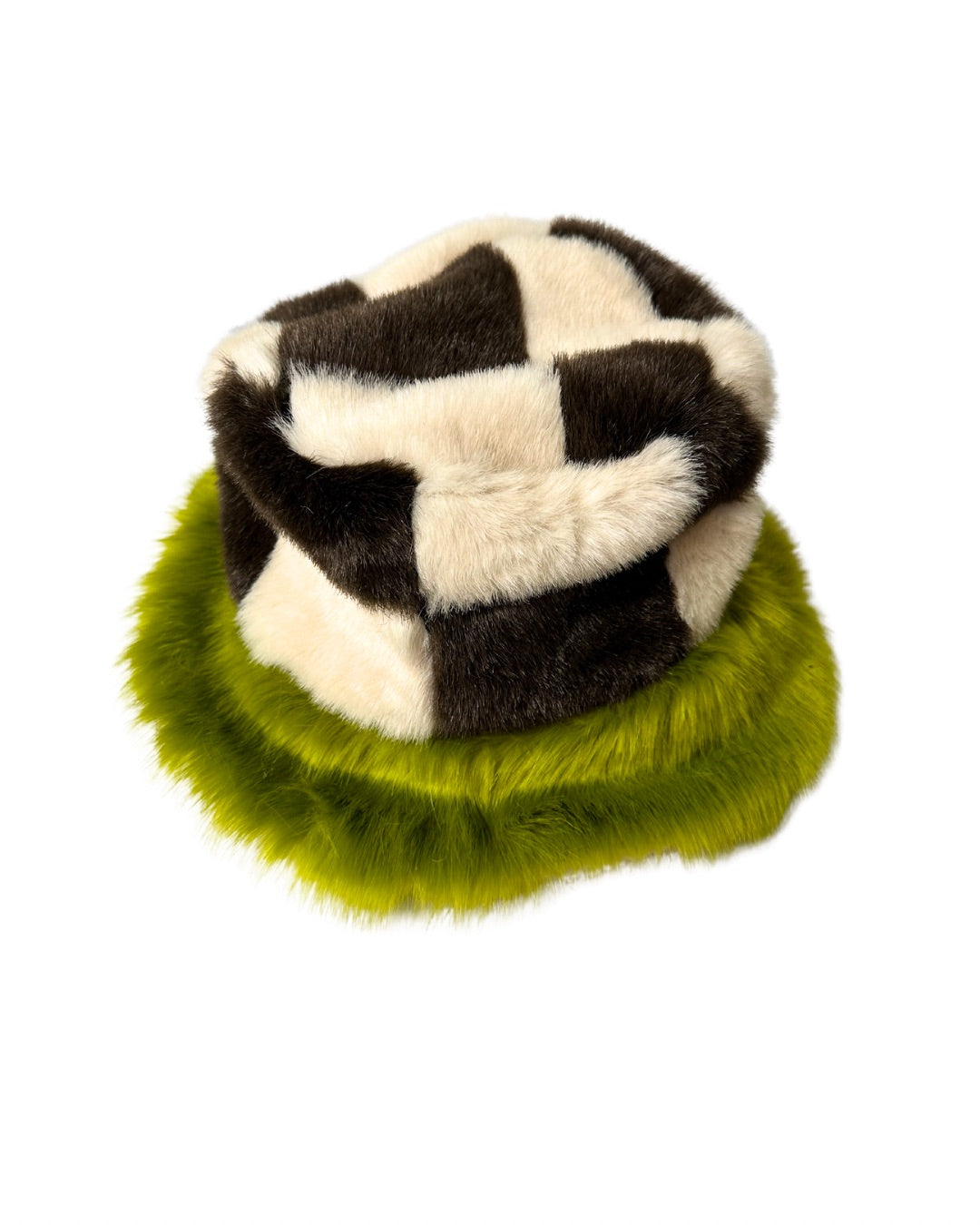 #8 Lime Green X Checkerboard Patchwork Faux Fur Hat