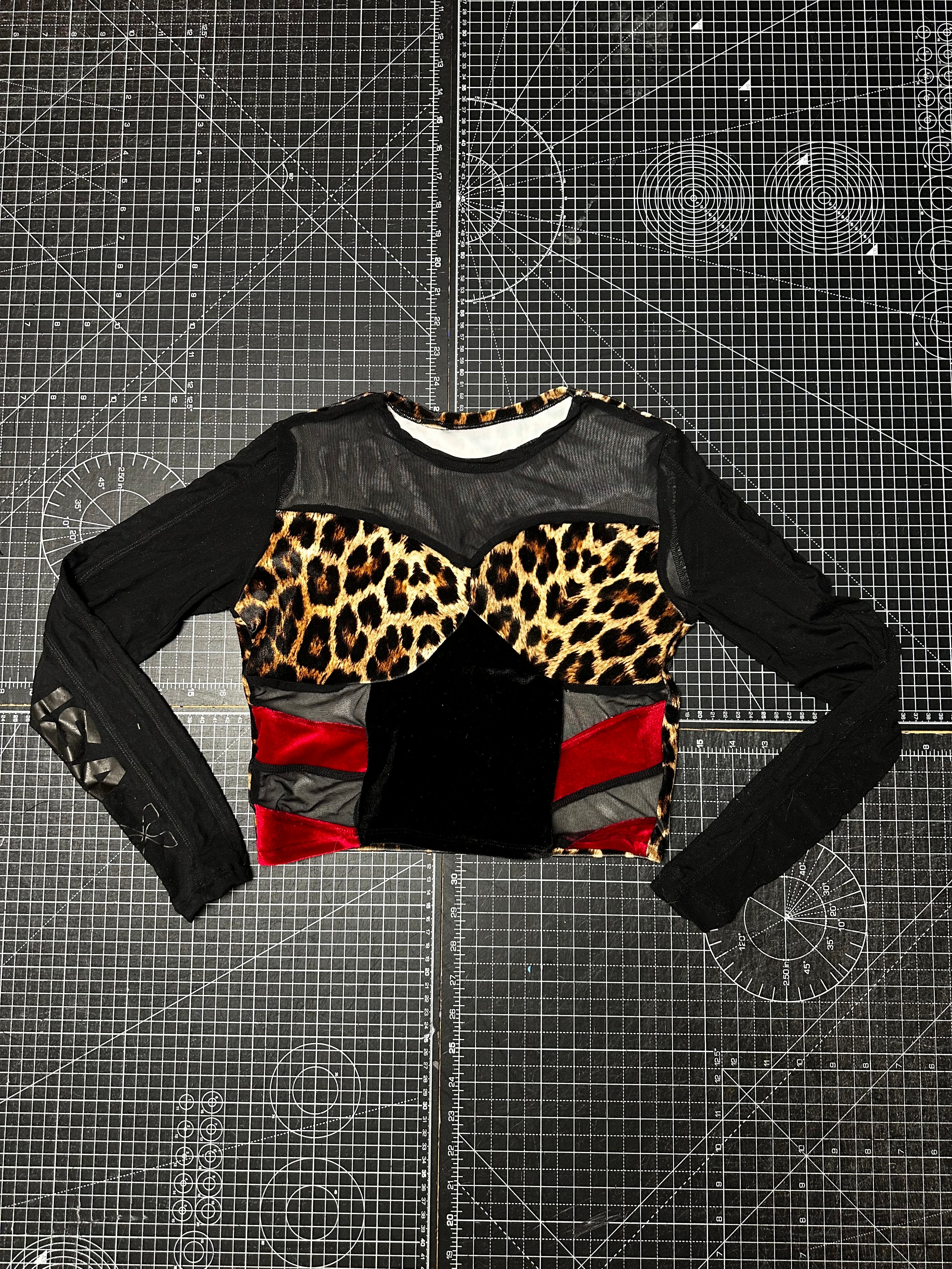 Leopard  X Velvet X Mesh Panelled Long-Sleeve Top (S)