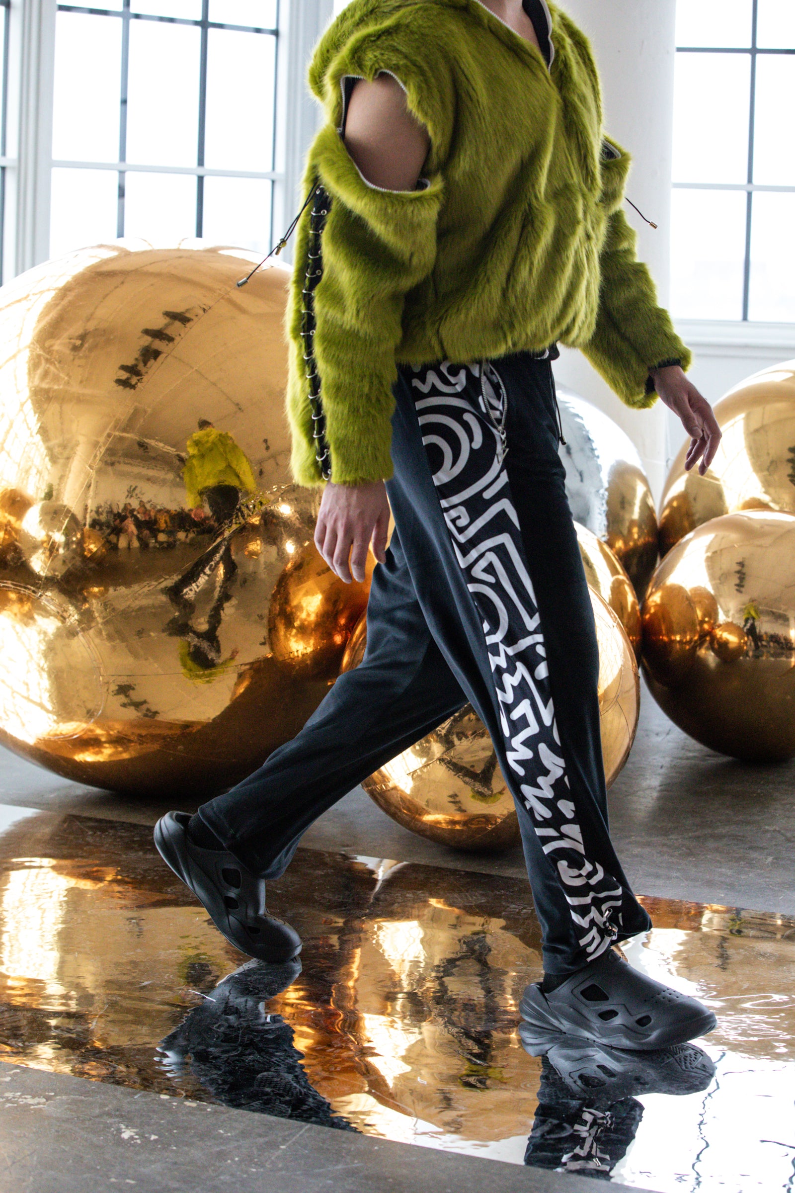 Black Velour X Monochrome Abstract Print Wide Leg Tracksuit Bottoms: NYFW24