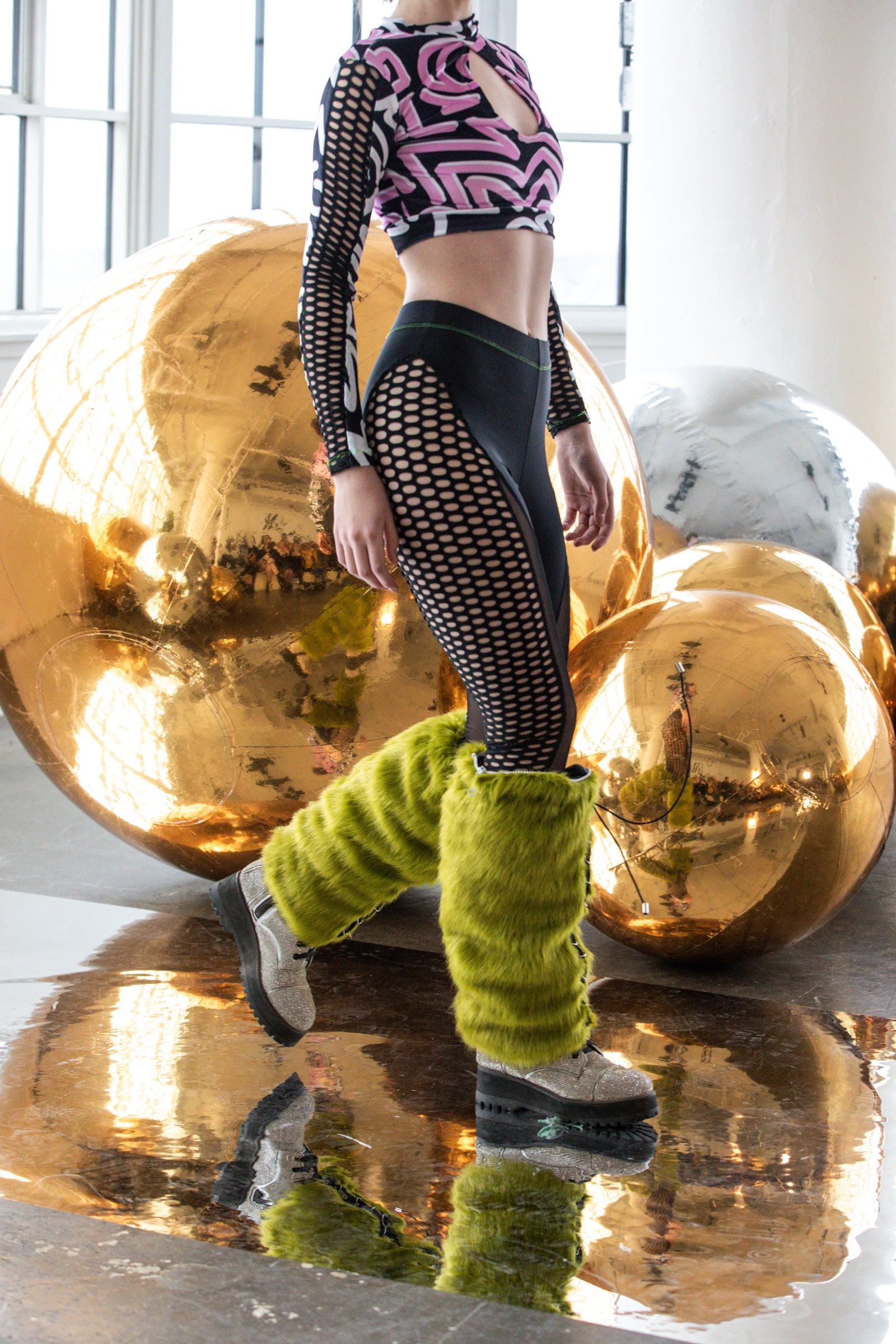 Black Fishnet Panelled Contour Leggings: NYFW 24