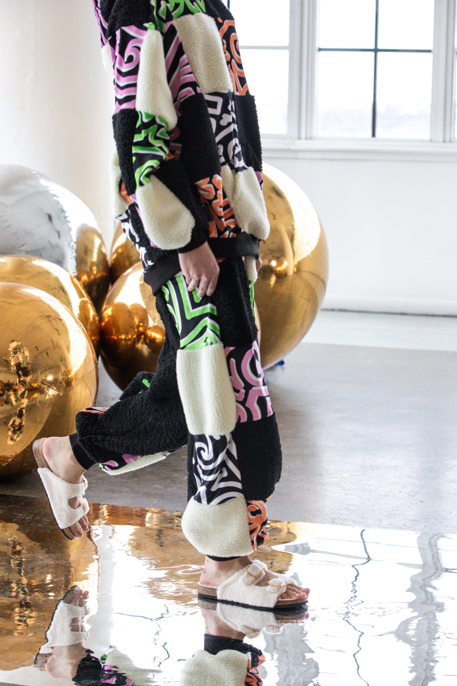 Sherpa Fleece X Abstract Velvet Patchwork Tracksuit Bottoms