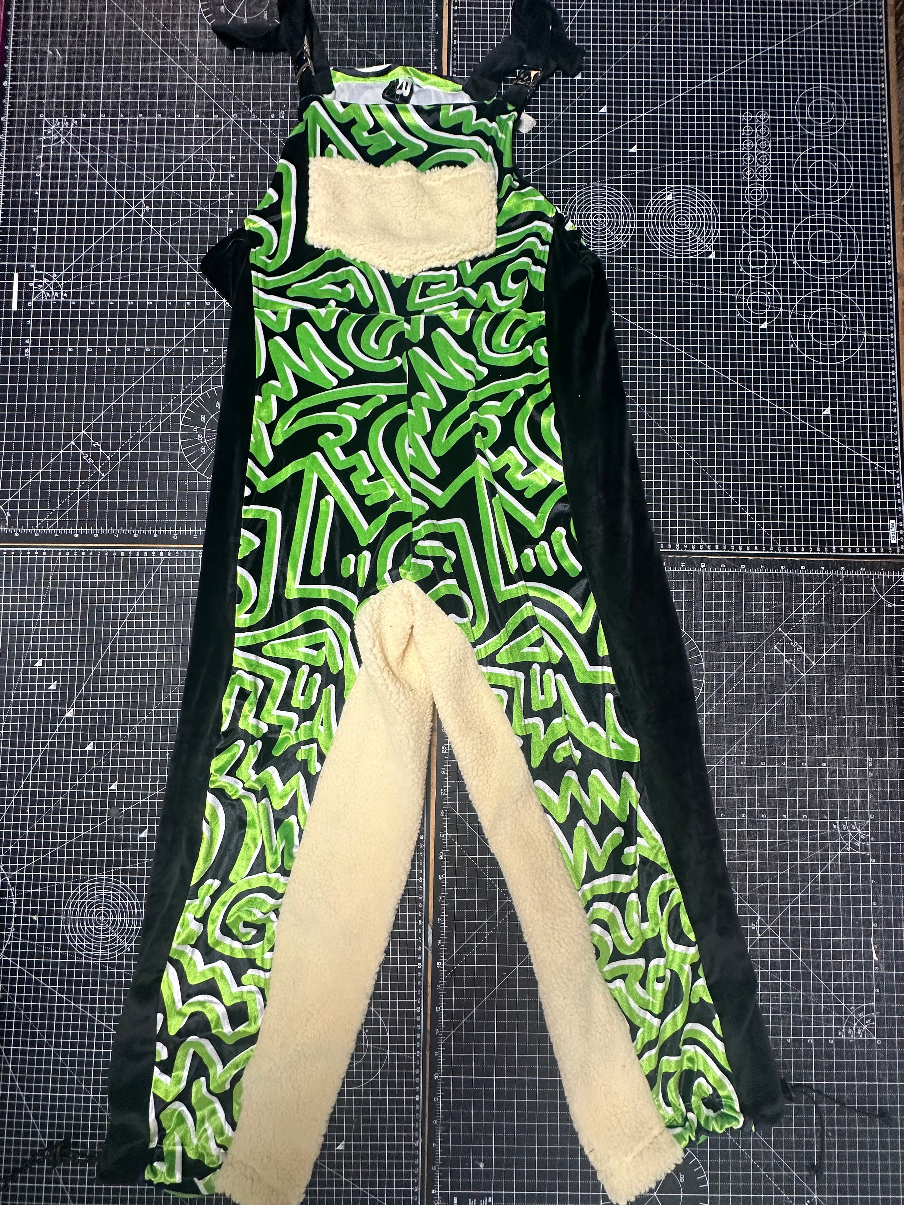 Bellisa X Holly Mingo Abstract Print Green Sherpa Fleece Dungarees (L)