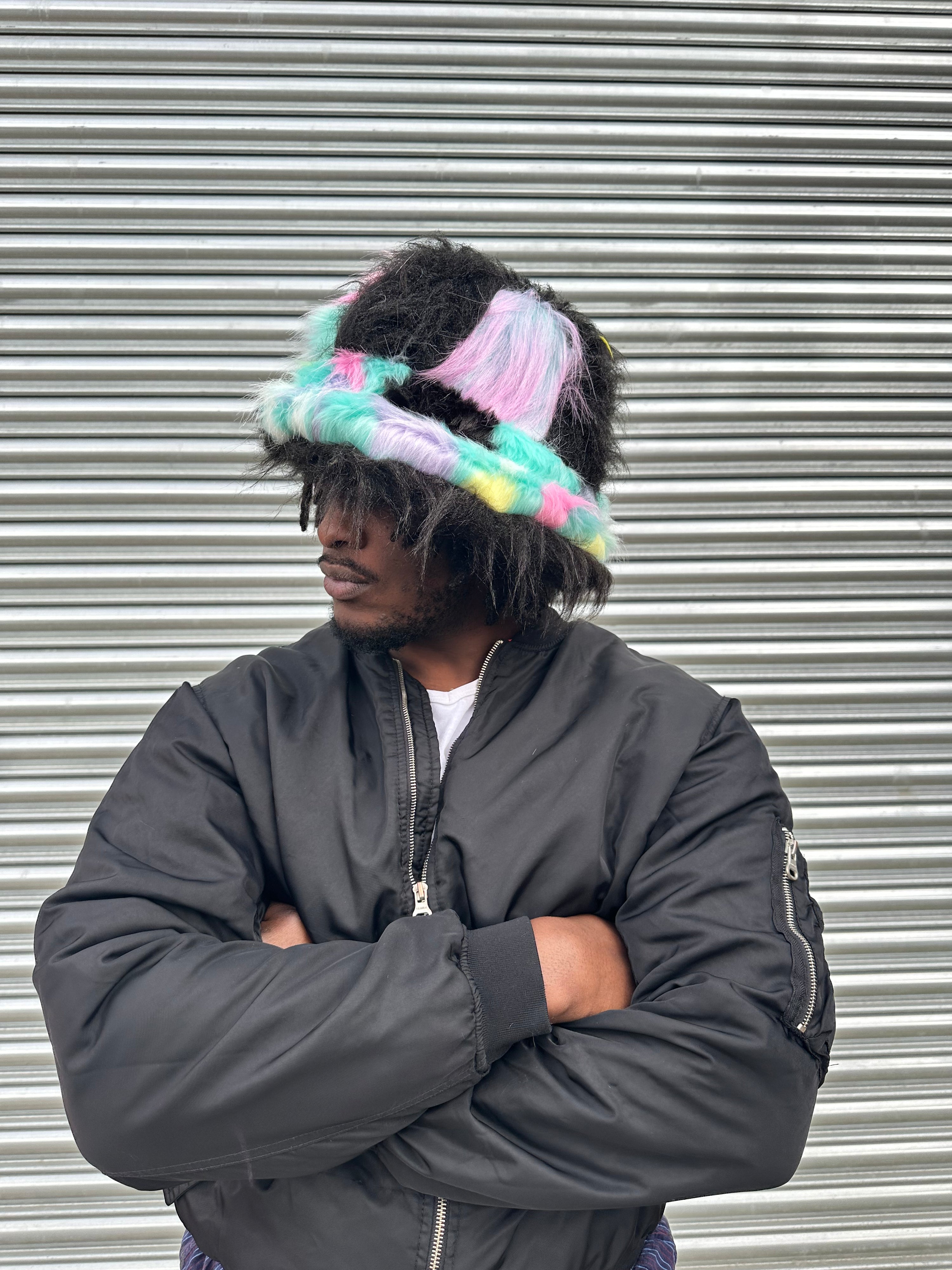 #7 Black X Pastel Patchwork Faux Fur Hat