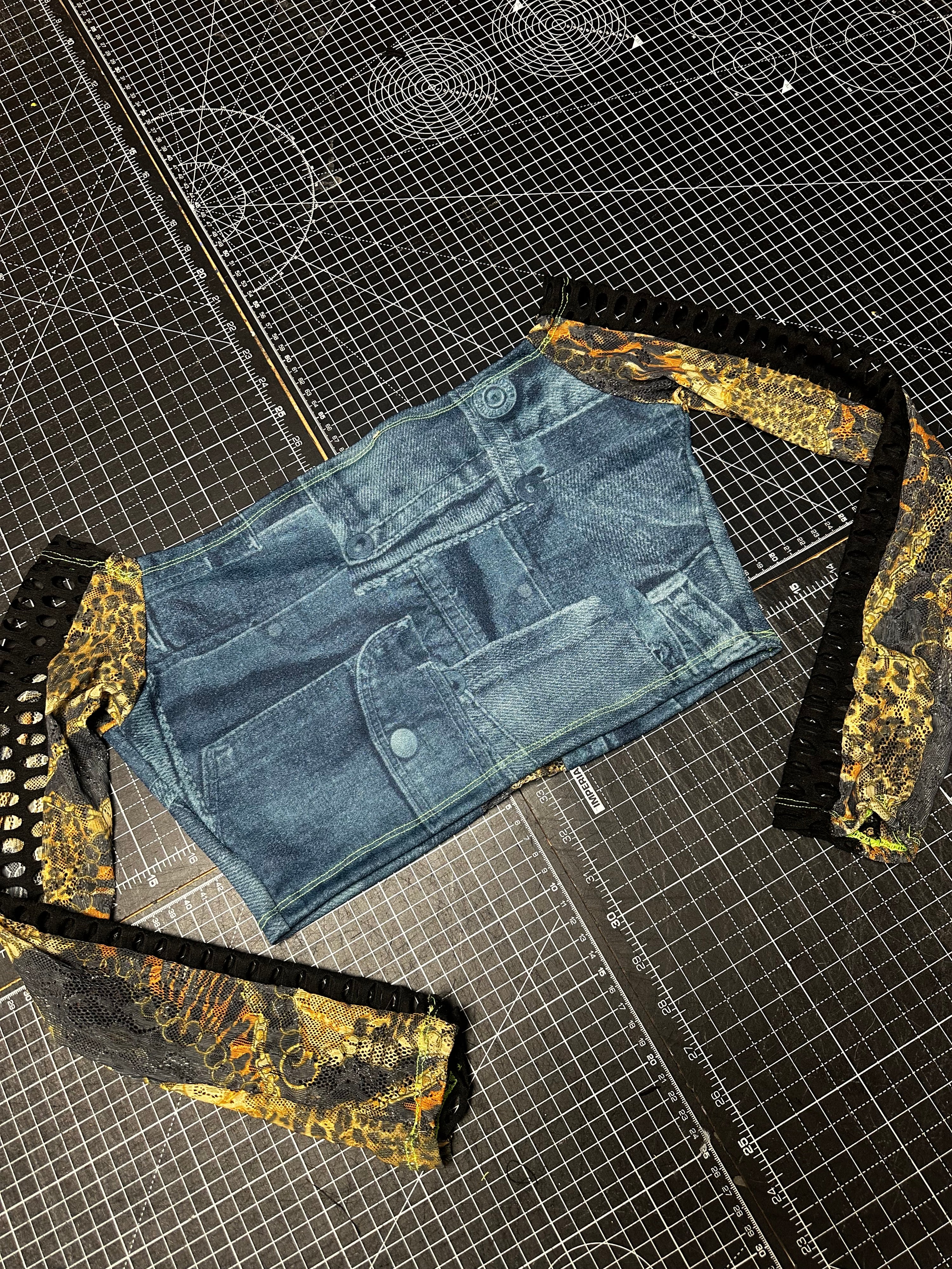 Denim x Leopard Lace Mesh Panelled Crop Top (L)