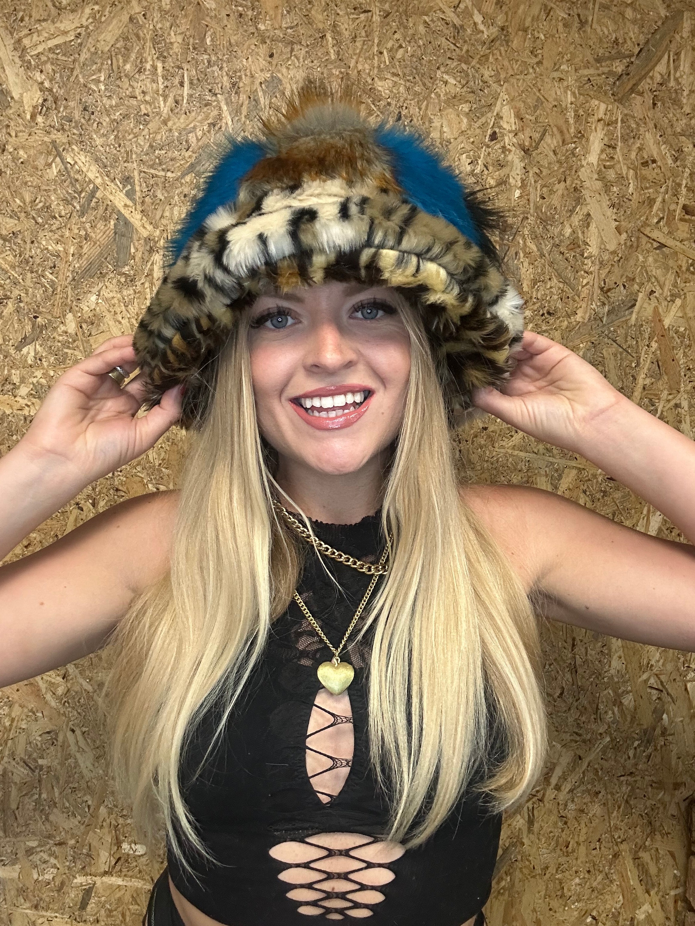 #11 Teal X Leopard Patchwork Faux Fur Hat