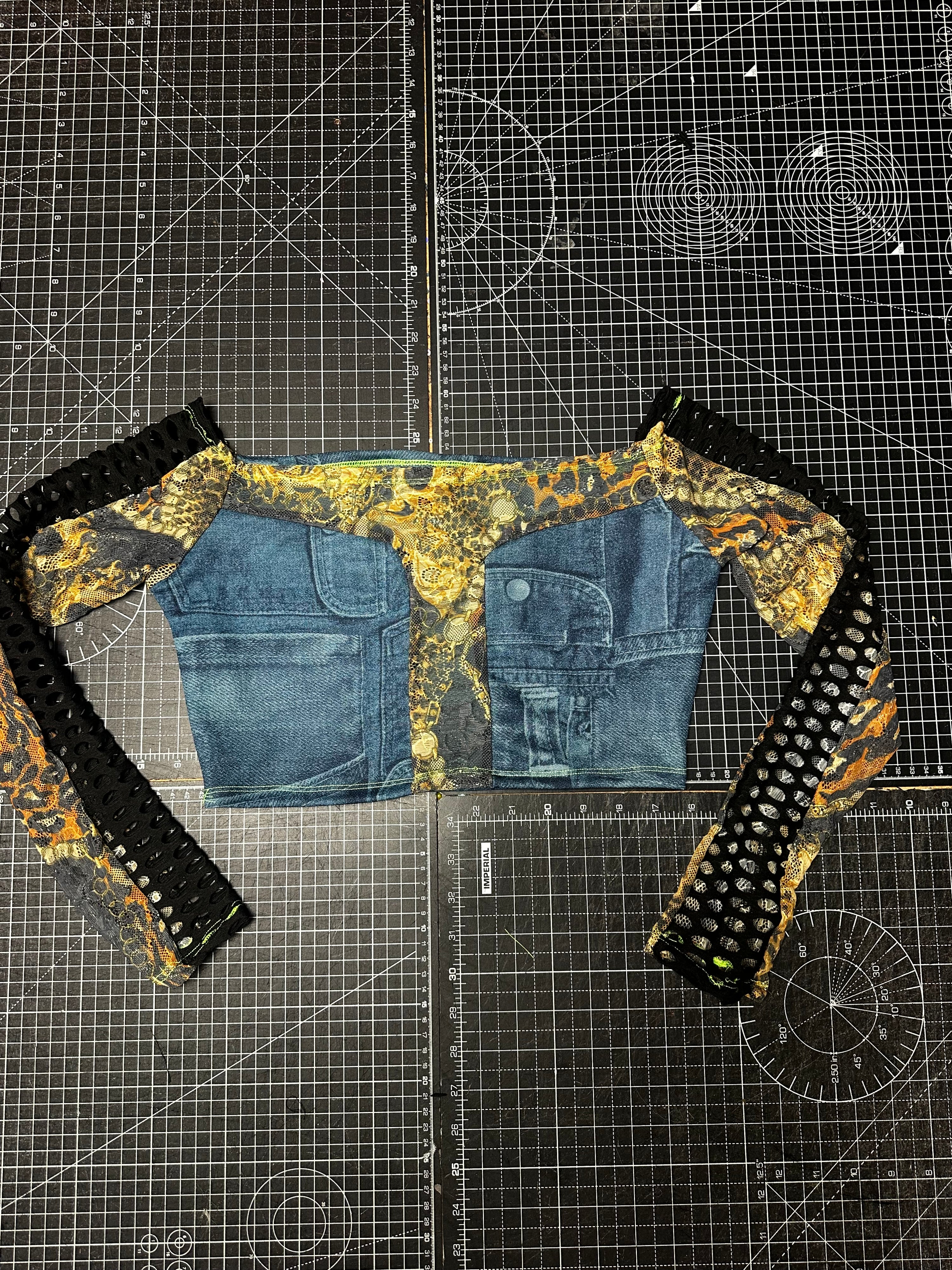 Denim x Leopard Lace Mesh Panelled Crop Top (L)