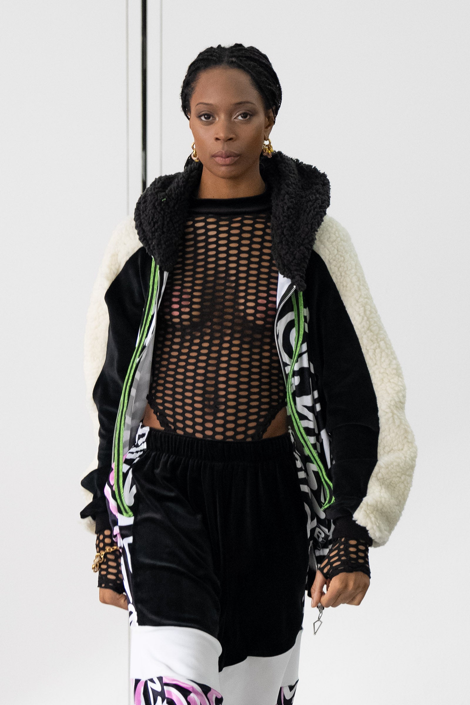 Cream Sherpa Fleece X Monochrome Abstract Print Zip Up Hoodie: NYFW24