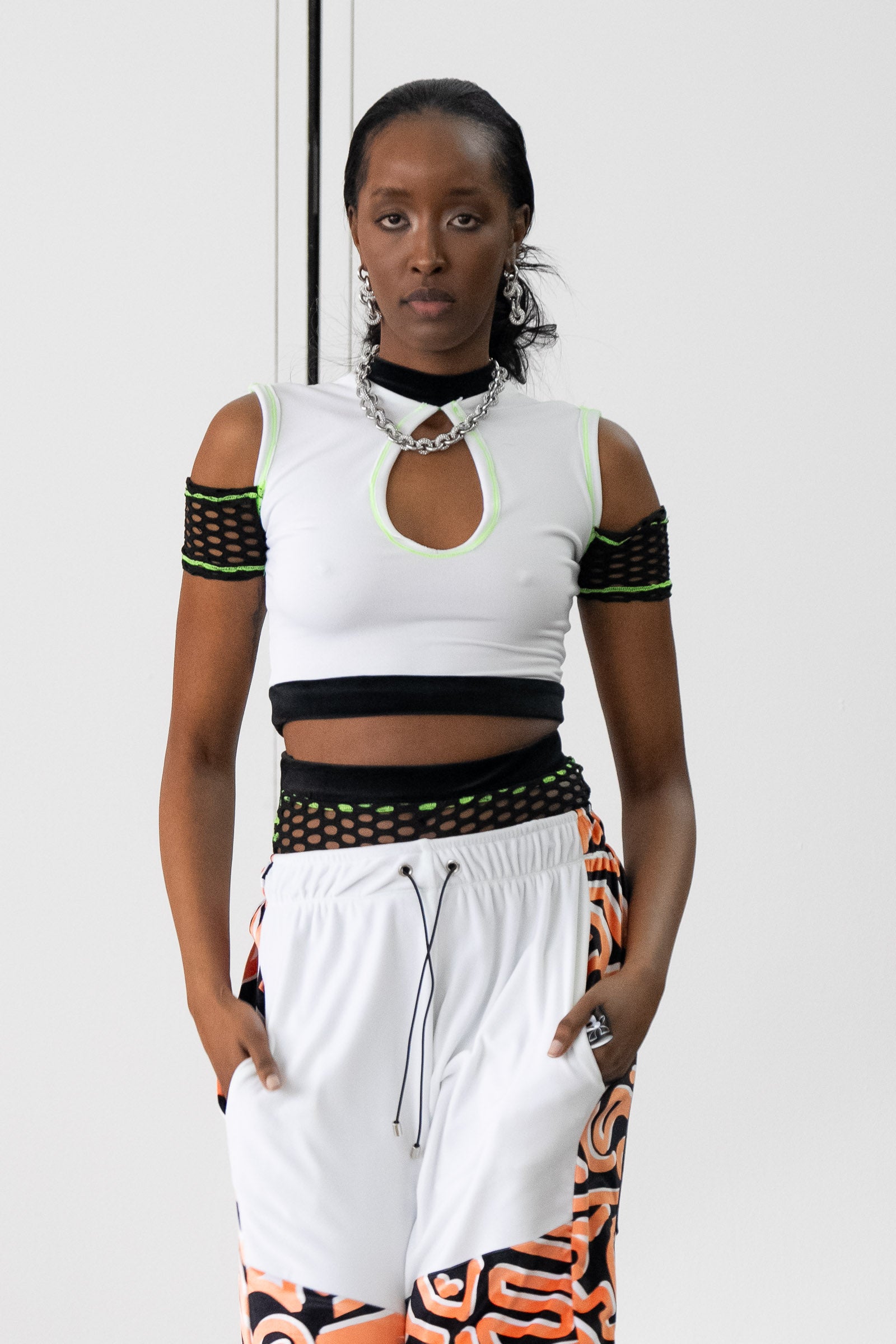 White Velour X Fishnet Cut Out Crop Top NYFW