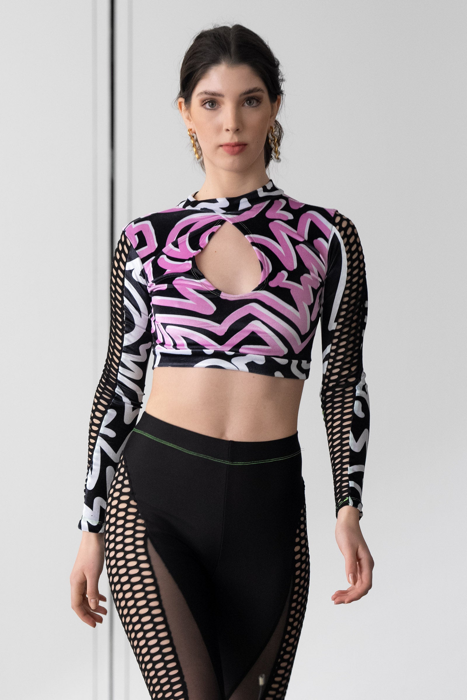 Pink Abstract Velvet Fishnet Reversible Crop Top NYFW24