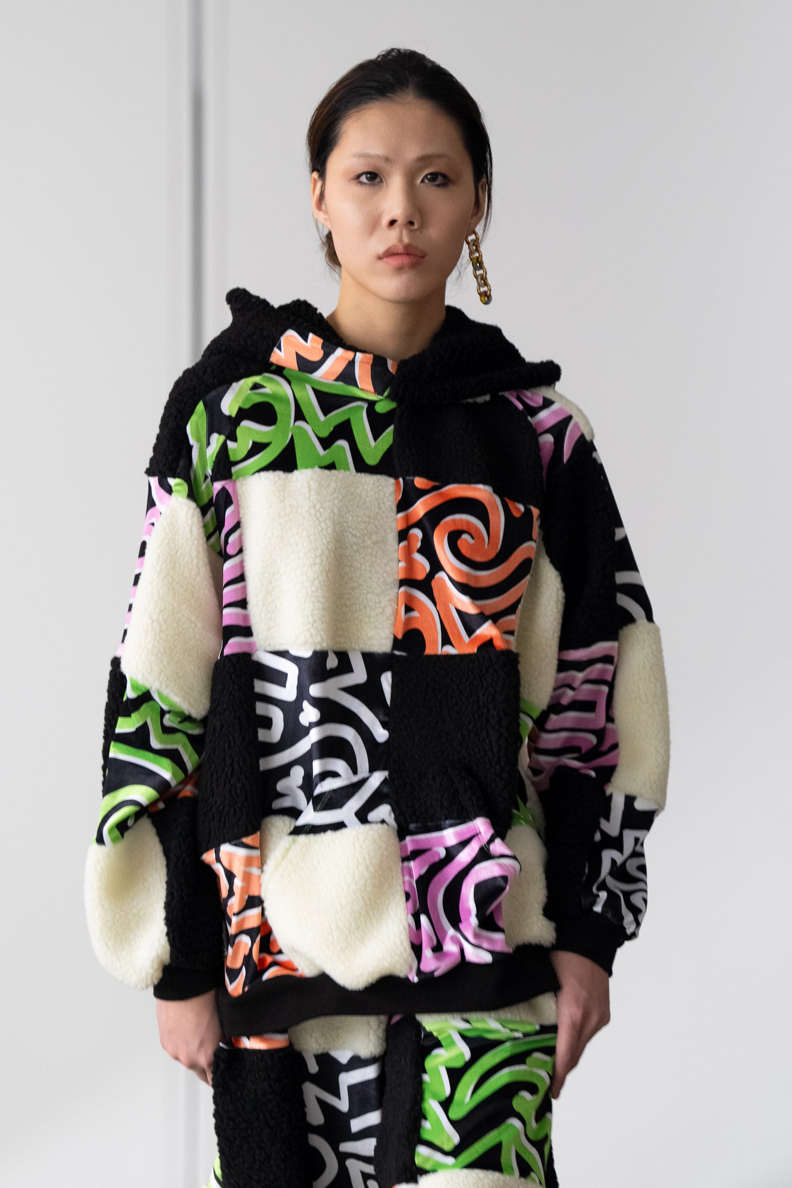 Sherpa Fleece X Abstract Velvet Patchwork Hoodie: NYFW 24