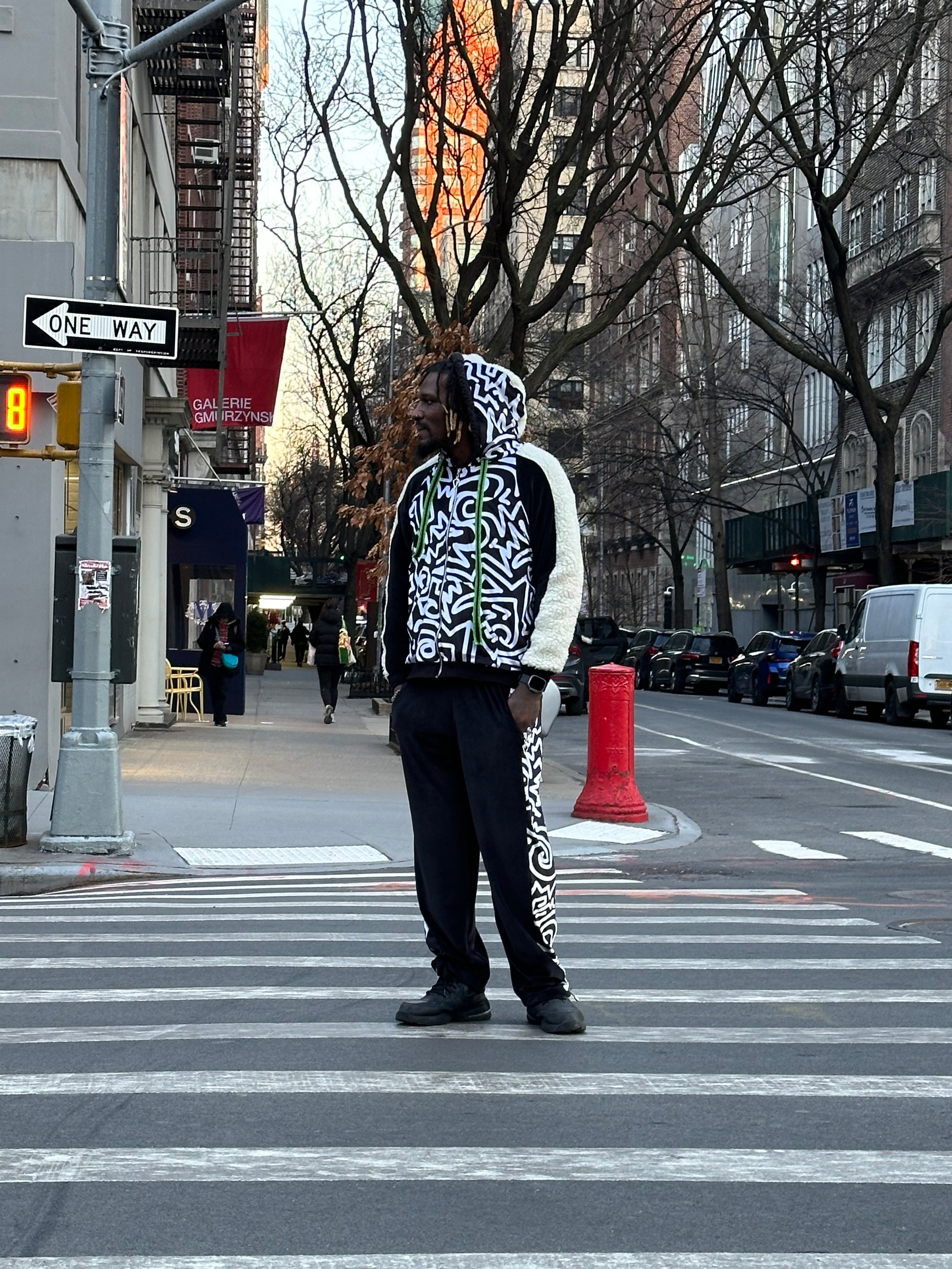 Cream Sherpa Fleece X Monochrome Abstract Print Zip Up Hoodie: NYFW24