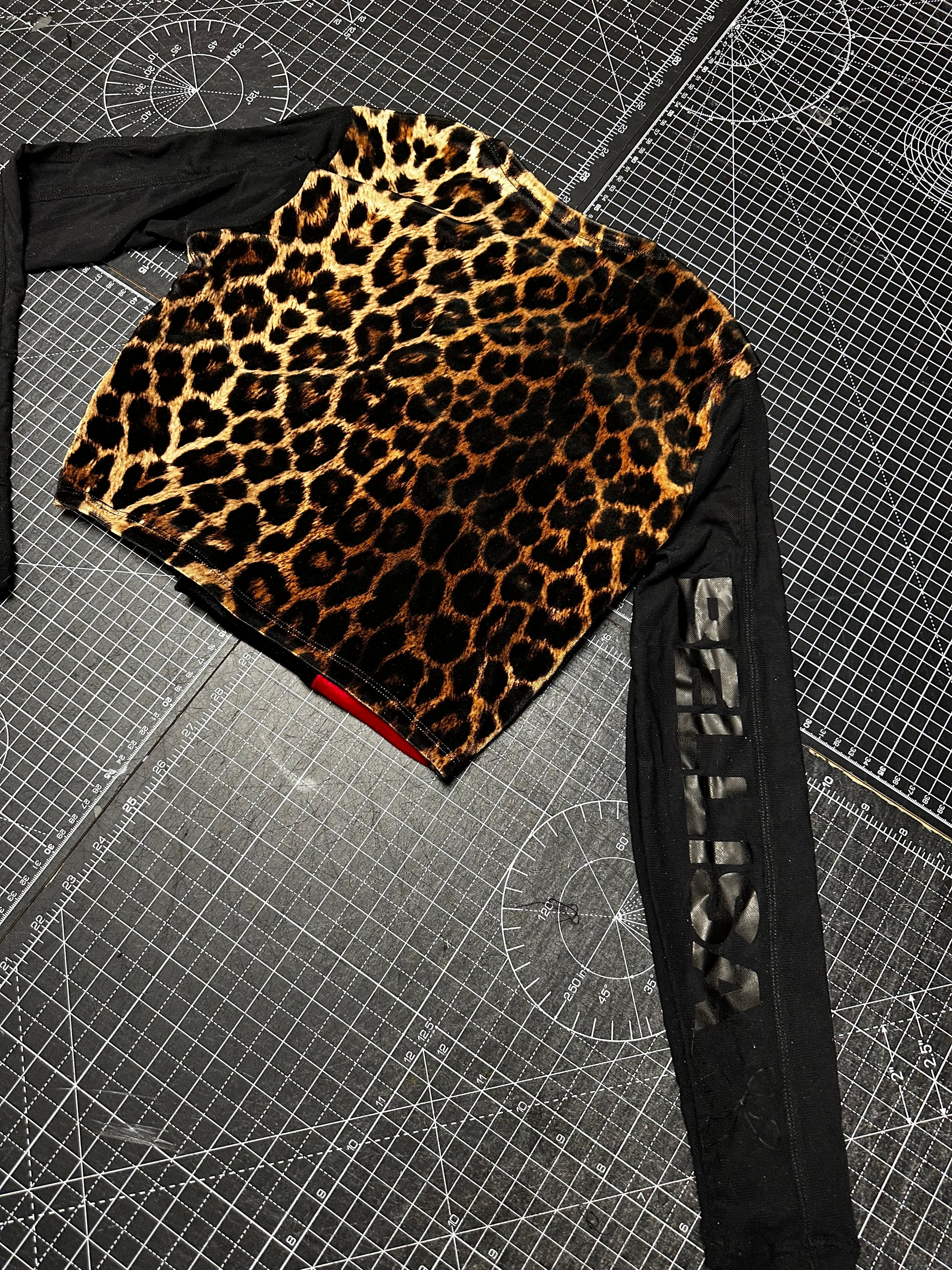 Leopard  X Velvet X Mesh Panelled Long-Sleeve Top (S)
