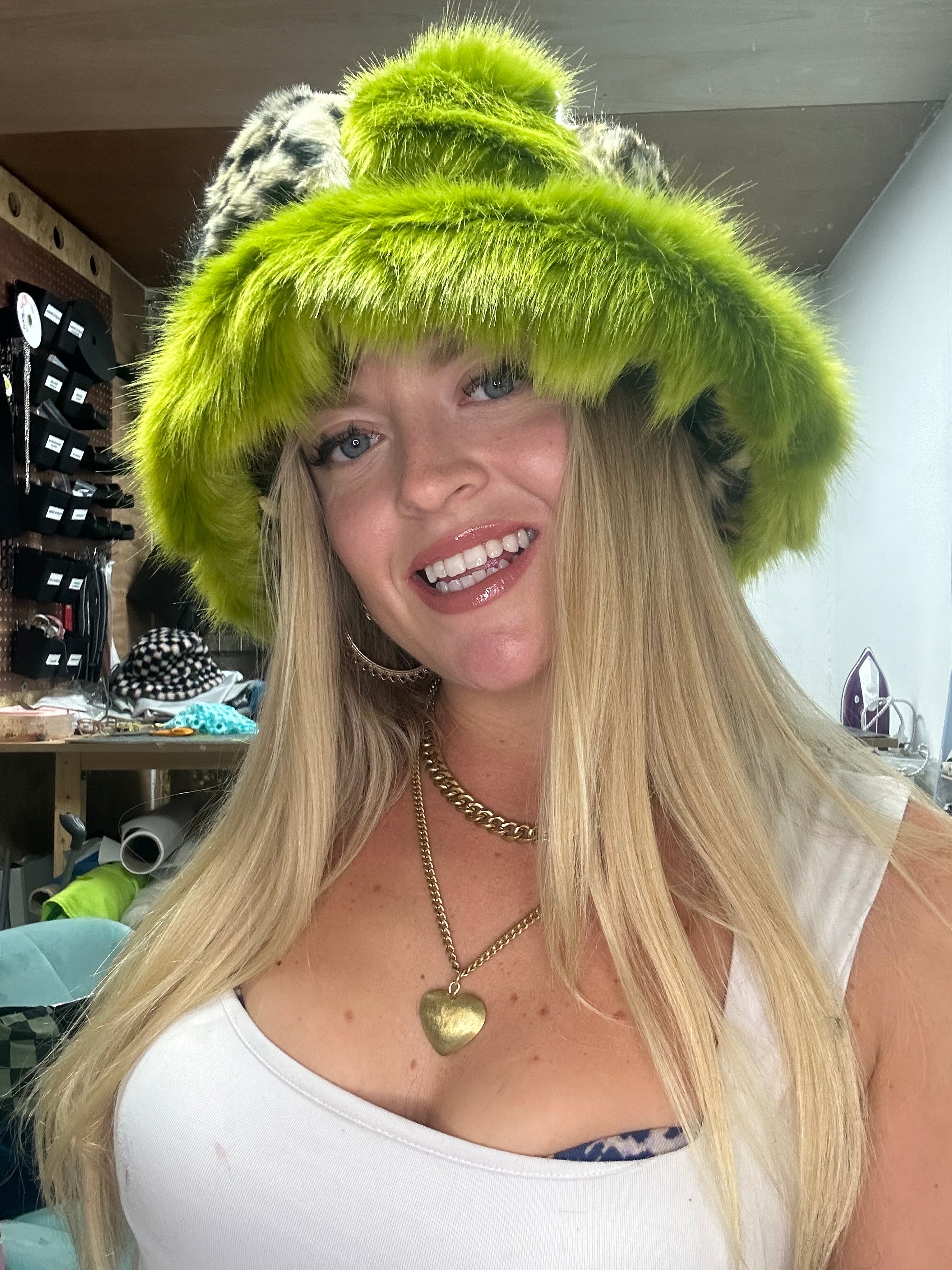 #1 Lime Green X Leopard Faux Fur Patchwork Hat