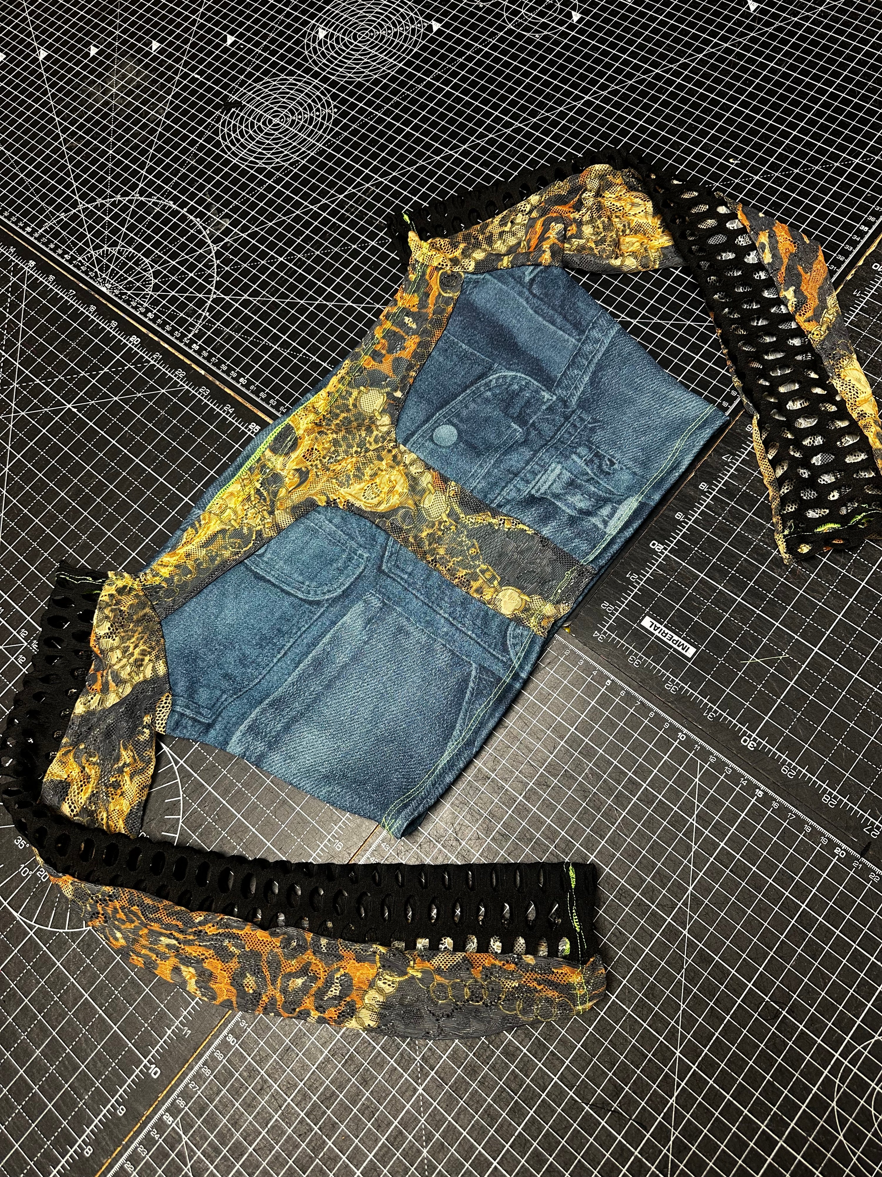 Denim x Leopard Lace Mesh Panelled Crop Top (L)