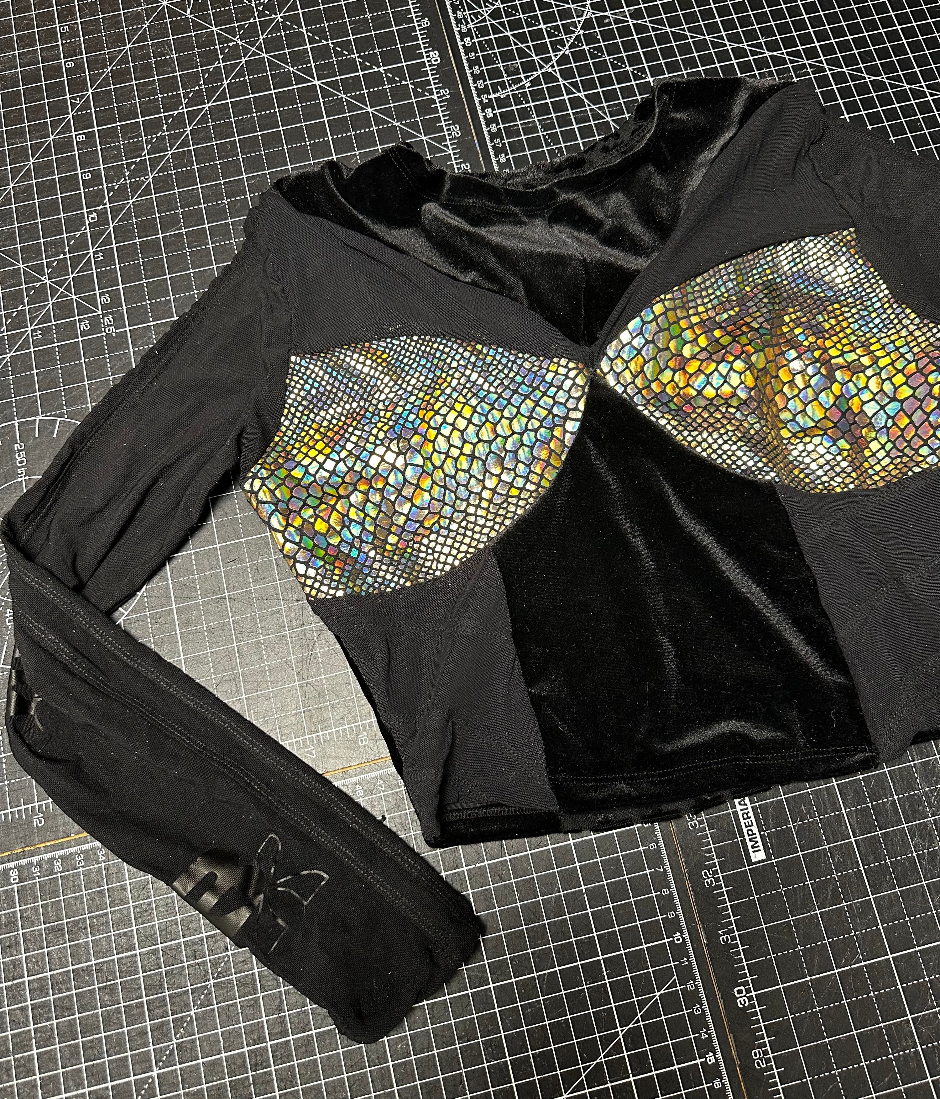 Holographic Gold X Black Mesh Panelled Long-Sleeve Top (S)