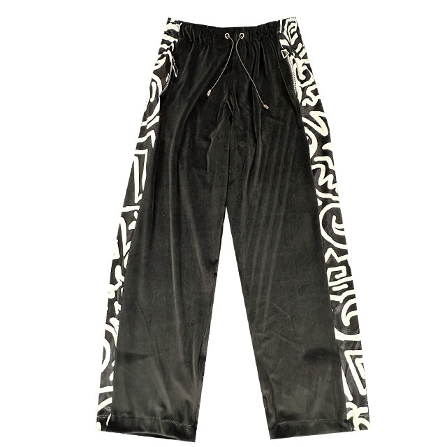 Black Velour X Monochrome Abstract Print Wide Leg Tracksuit Bottoms: NYFW24